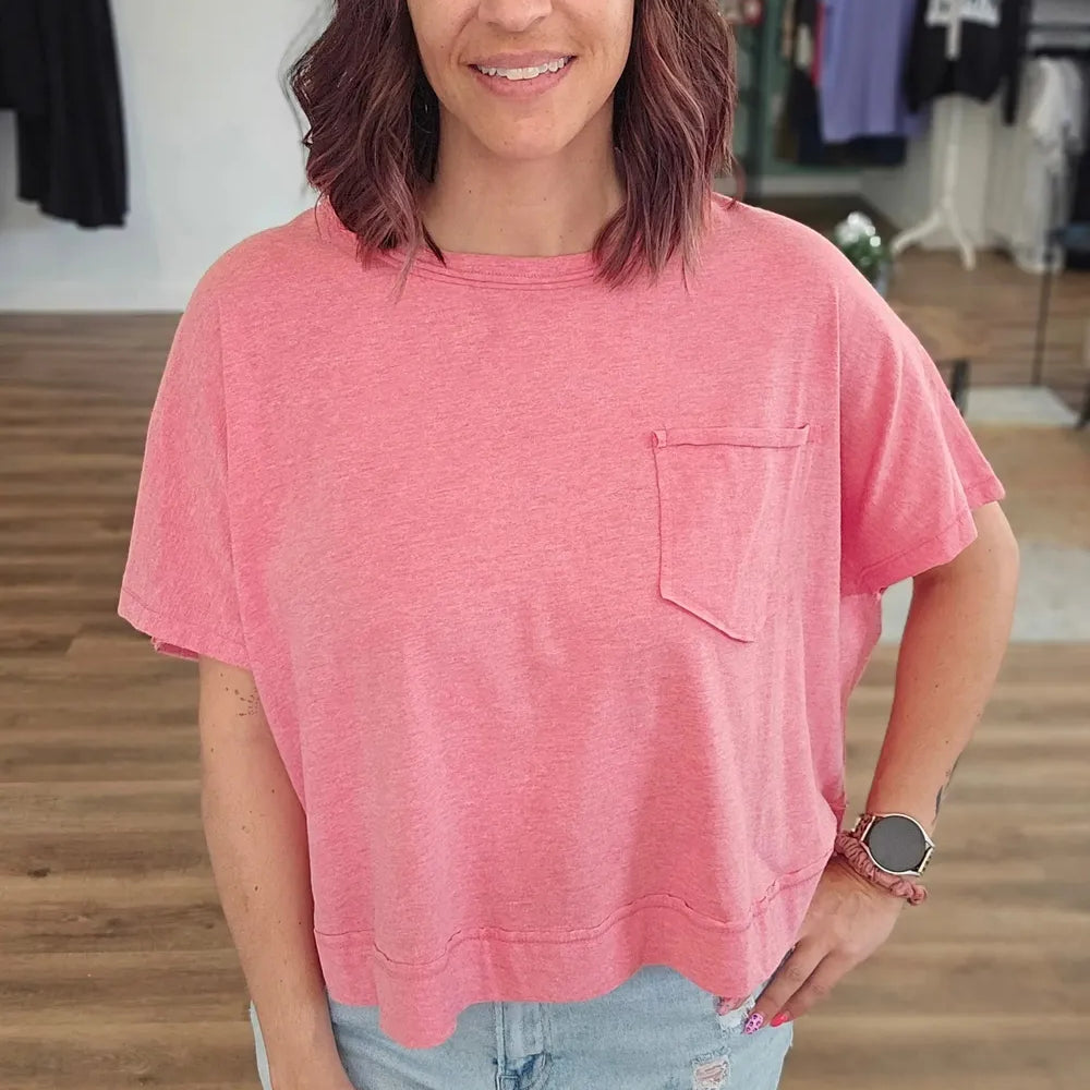 Shop Exposed Seam Boxy Pocket Tee - Vintage Red- at Ruby Joy Boutique, a Women's Clothing Store in Pickerington, Ohio