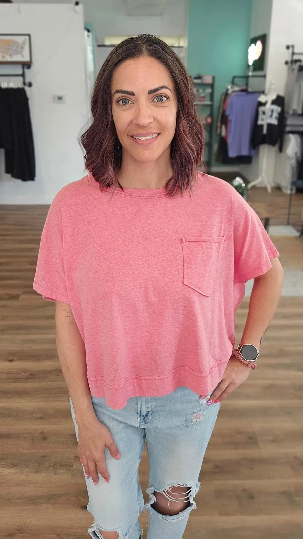 Shop Exposed Seam Boxy Pocket Tee - Vintage Red- at Ruby Joy Boutique, a Women's Clothing Store in Pickerington, Ohio