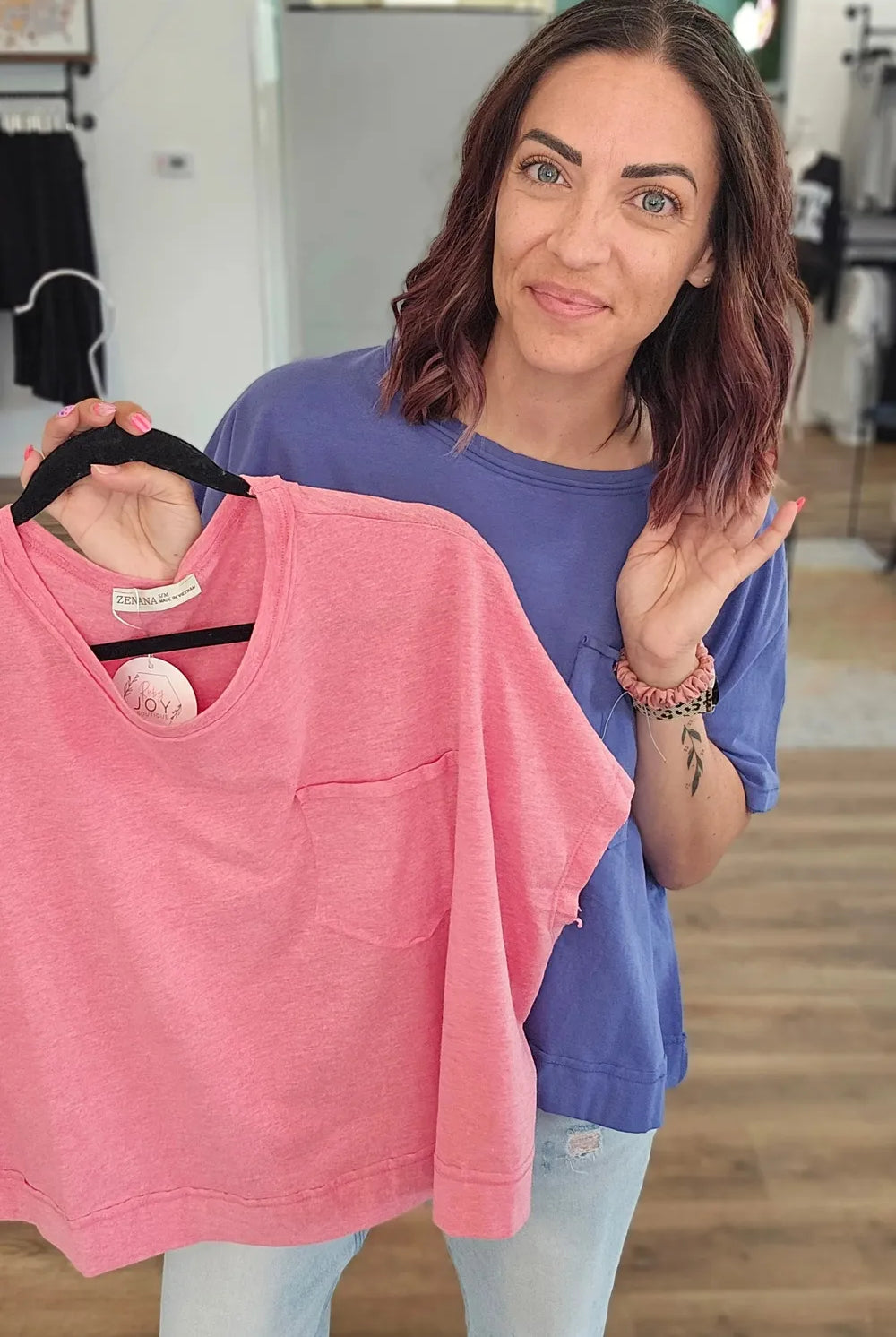 Shop Exposed Seam Boxy Tee with Pocket - Marlin- at Ruby Joy Boutique, a Women's Clothing Store in Pickerington, Ohio