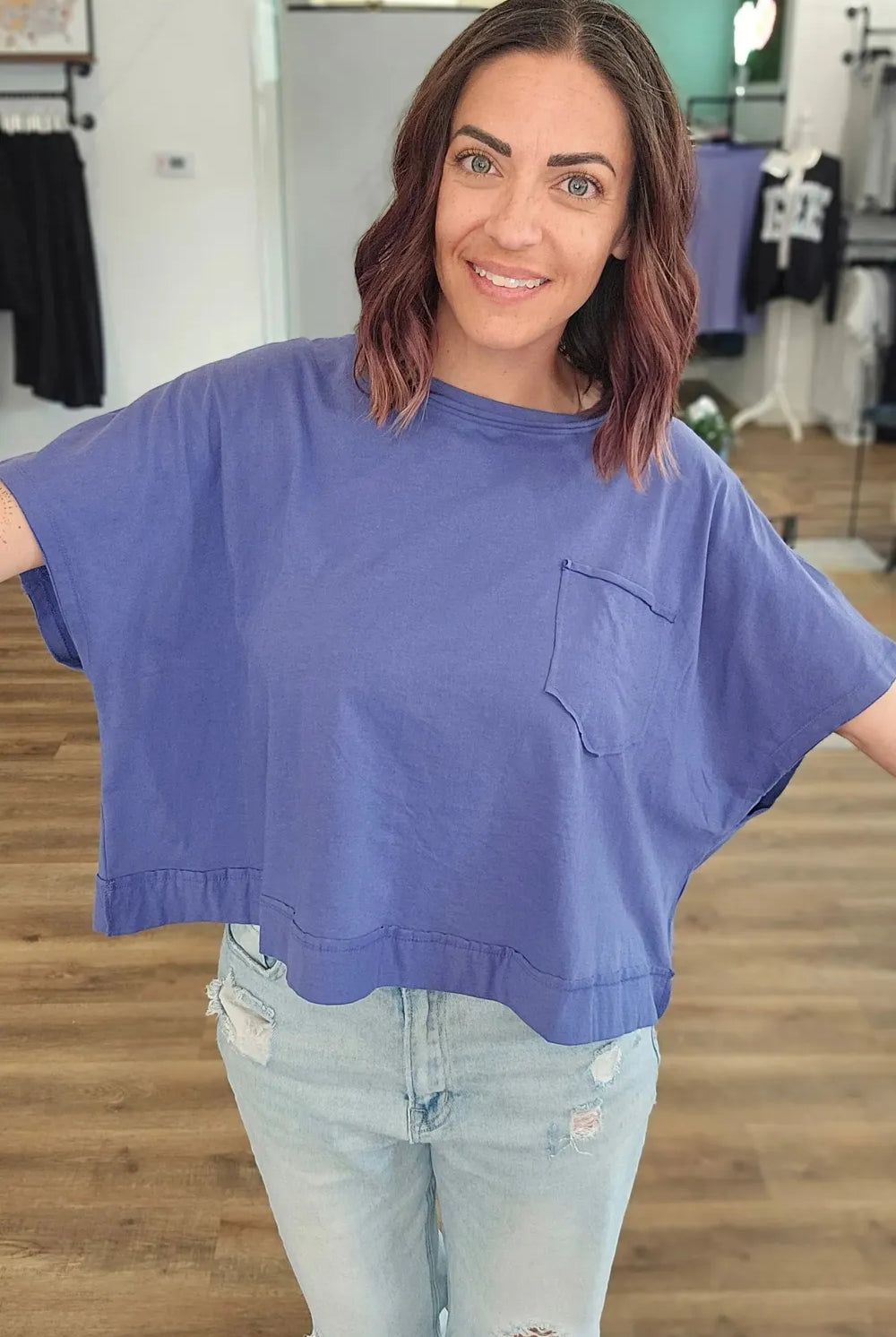 Shop Exposed Seam Boxy Tee with Pocket - Marlin- at Ruby Joy Boutique, a Women's Clothing Store in Pickerington, Ohio