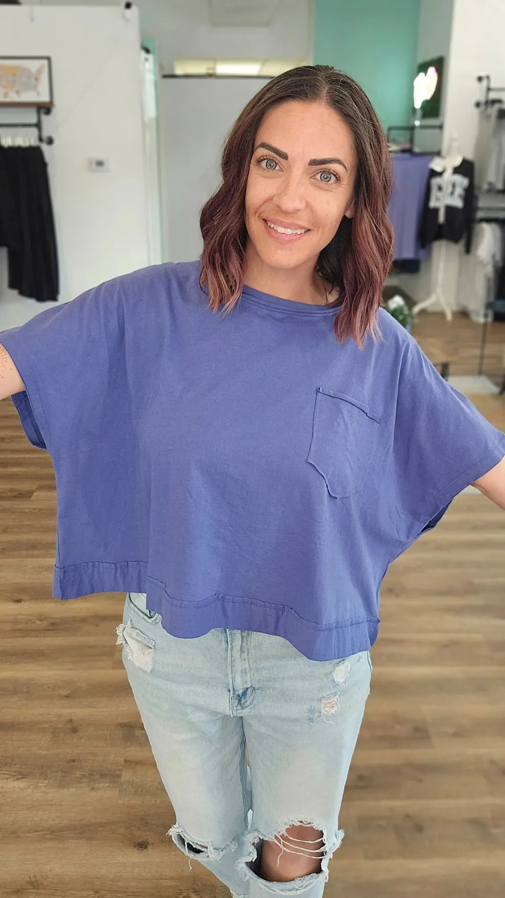 Shop Exposed Seam Boxy Tee with Pocket - Marlin- at Ruby Joy Boutique, a Women's Clothing Store in Pickerington, Ohio