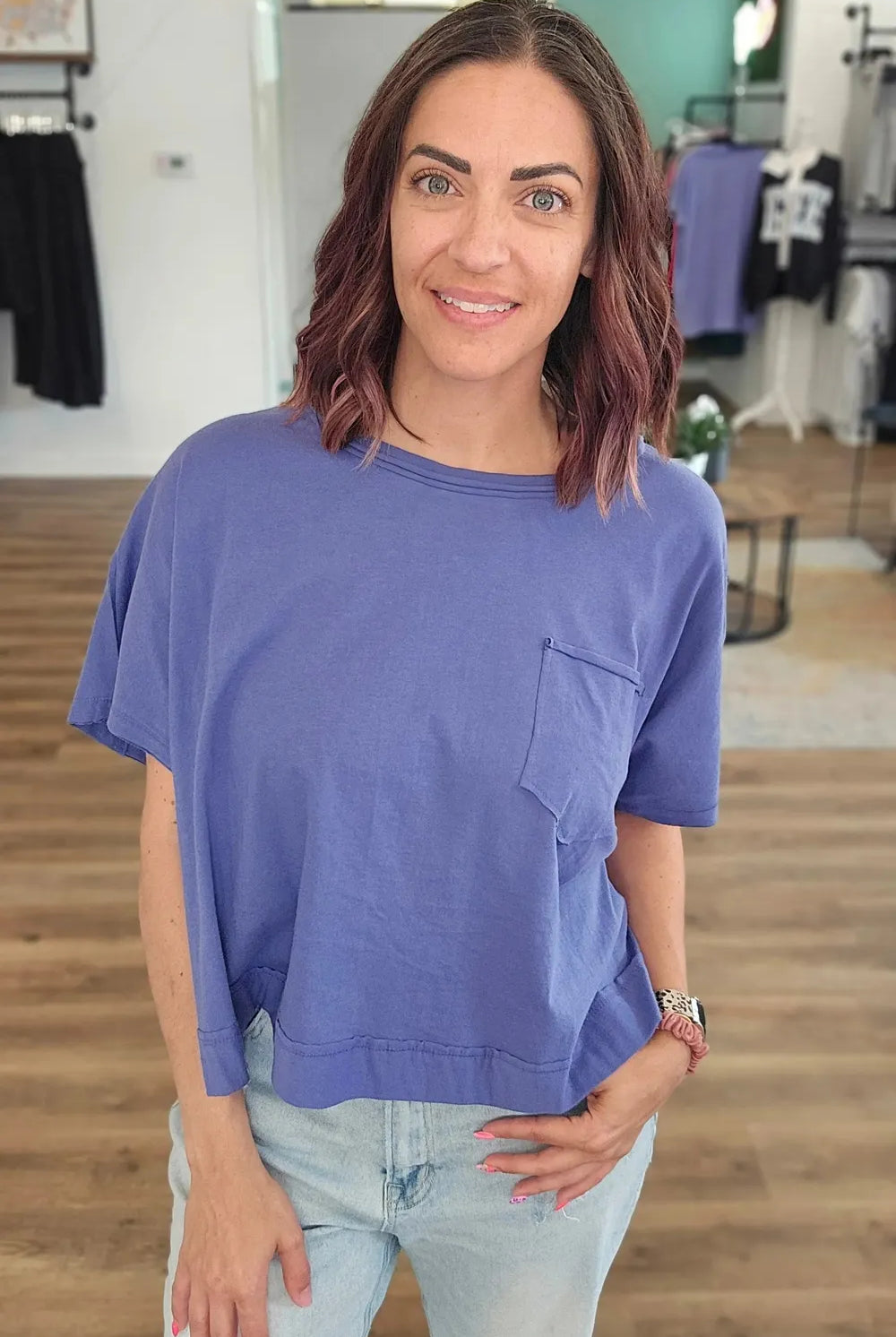 Shop Exposed Seam Boxy Tee with Pocket - Marlin- at Ruby Joy Boutique, a Women's Clothing Store in Pickerington, Ohio