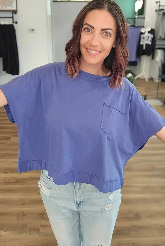 Shop Exposed Seam Boxy Tee with Pocket - Marlin- at Ruby Joy Boutique, a Women's Clothing Store in Pickerington, Ohio