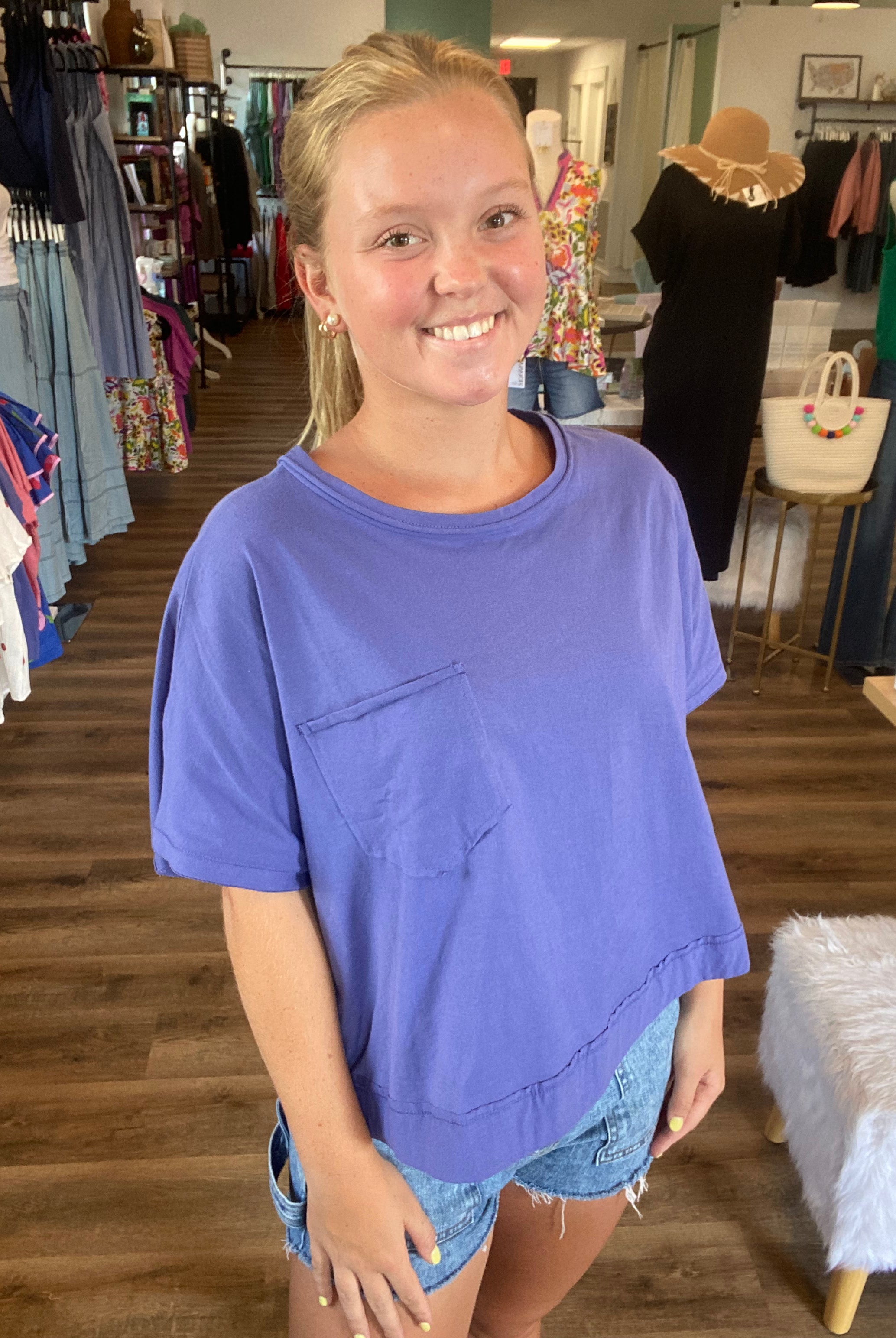 Shop Exposed Seam Boxy Tee with Pocket - Marlin- at Ruby Joy Boutique, a Women's Clothing Store in Pickerington, Ohio