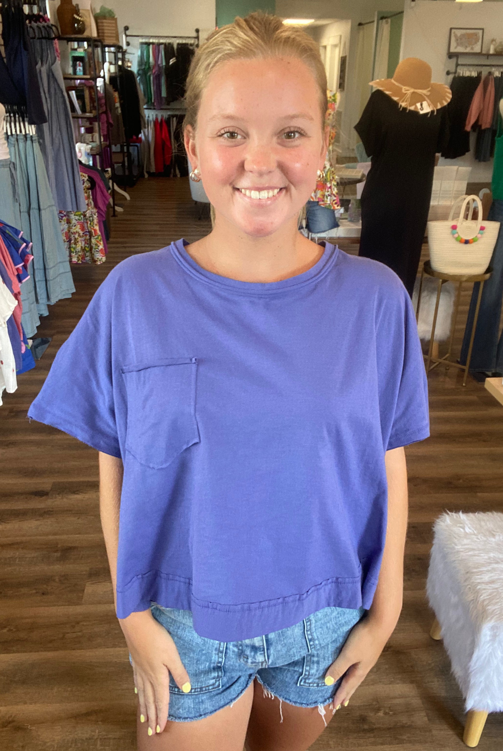 Shop Exposed Seam Boxy Tee with Pocket - Marlin- at Ruby Joy Boutique, a Women's Clothing Store in Pickerington, Ohio