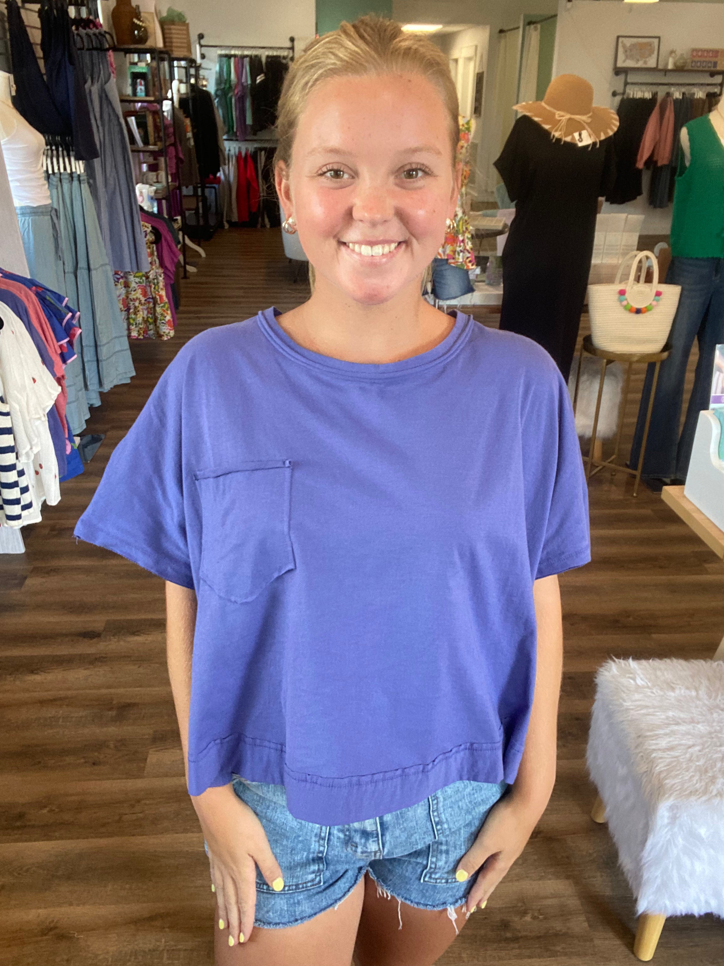 Shop Exposed Seam Boxy Tee with Pocket - Marlin- at Ruby Joy Boutique, a Women's Clothing Store in Pickerington, Ohio