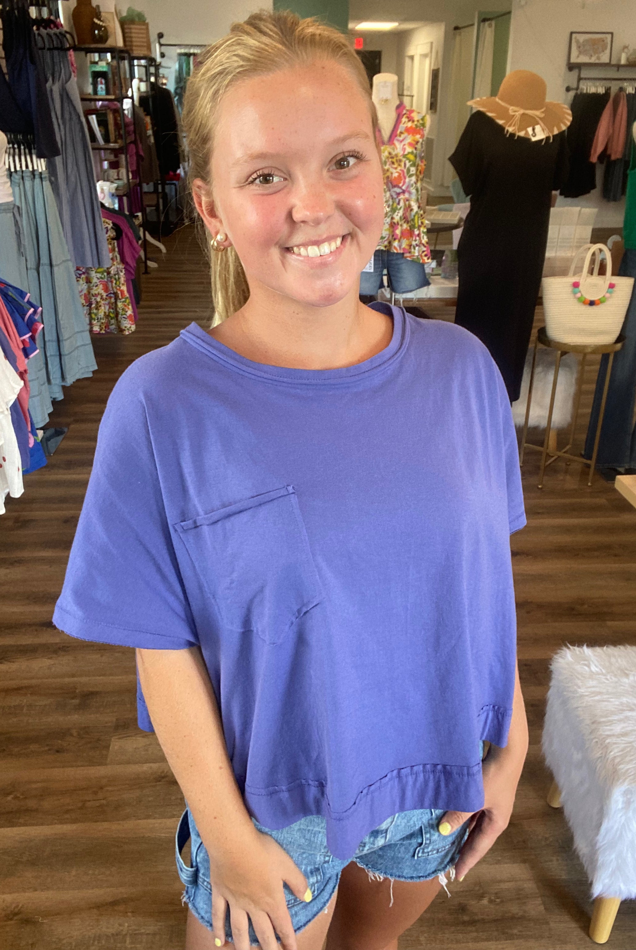Shop Exposed Seam Boxy Tee with Pocket - Marlin- at Ruby Joy Boutique, a Women's Clothing Store in Pickerington, Ohio
