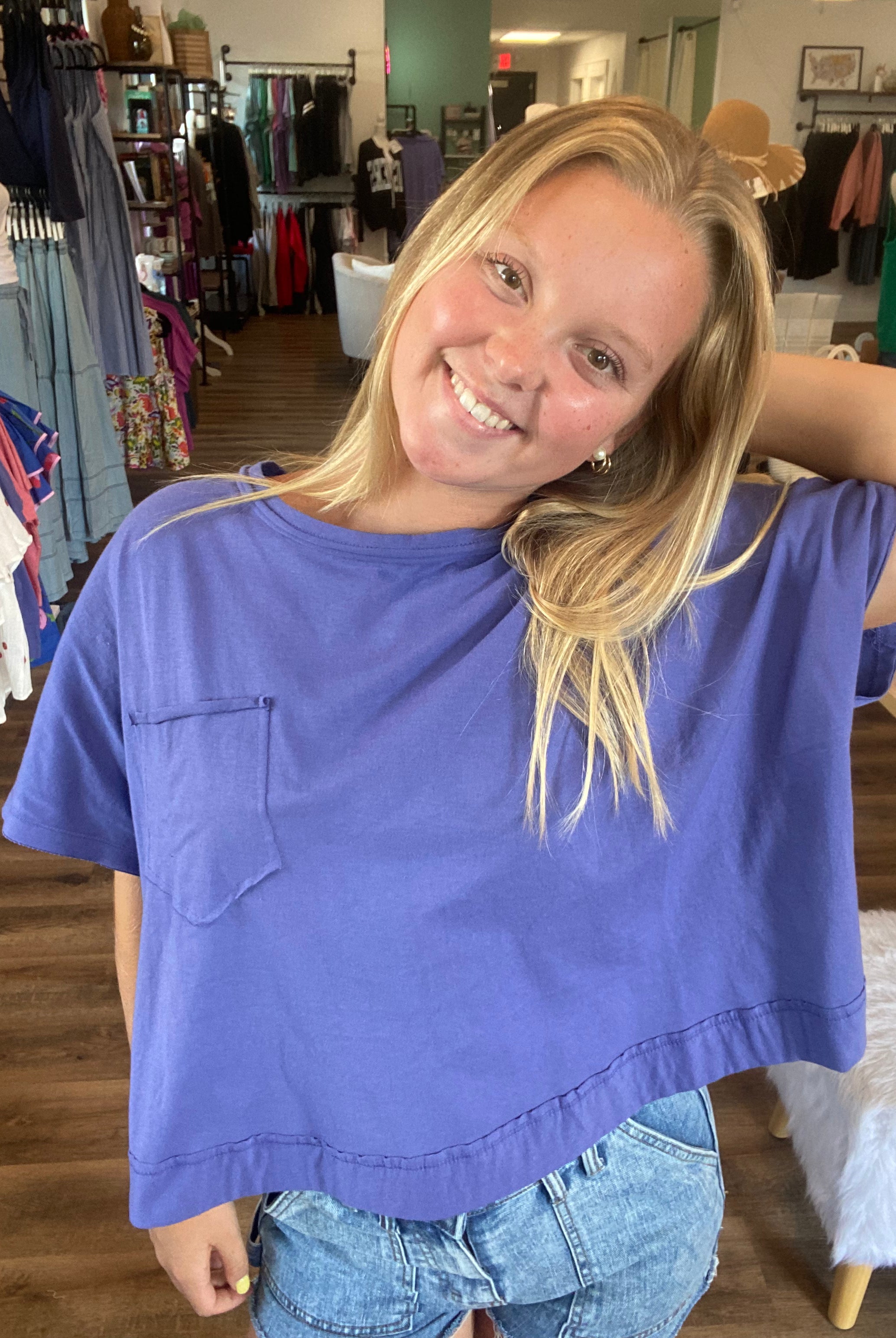 Shop Exposed Seam Boxy Tee with Pocket - Marlin- at Ruby Joy Boutique, a Women's Clothing Store in Pickerington, Ohio