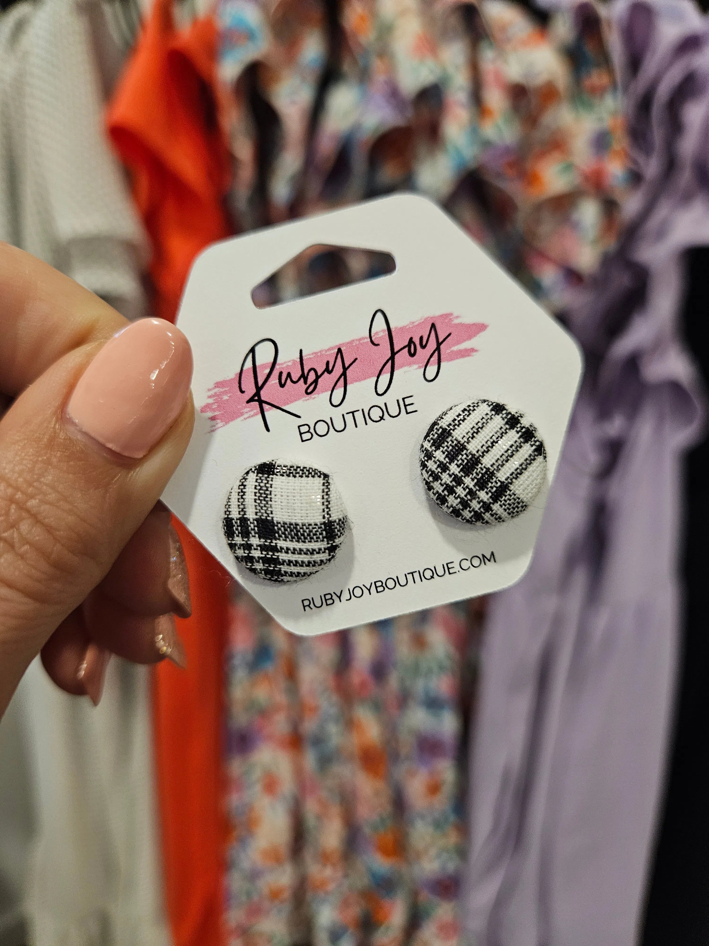 Shop Fabric Covered Button Earrings-Earrings at Ruby Joy Boutique, a Women's Clothing Store in Pickerington, Ohio