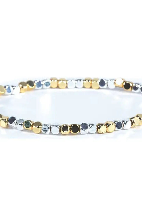 Shop Fashion Fortune Stretch Bracelets | Silver and Gold Mix-3mm Gold & Silver Cube Beads at Ruby Joy Boutique, a Women's Clothing Store in Pickerington, Ohio