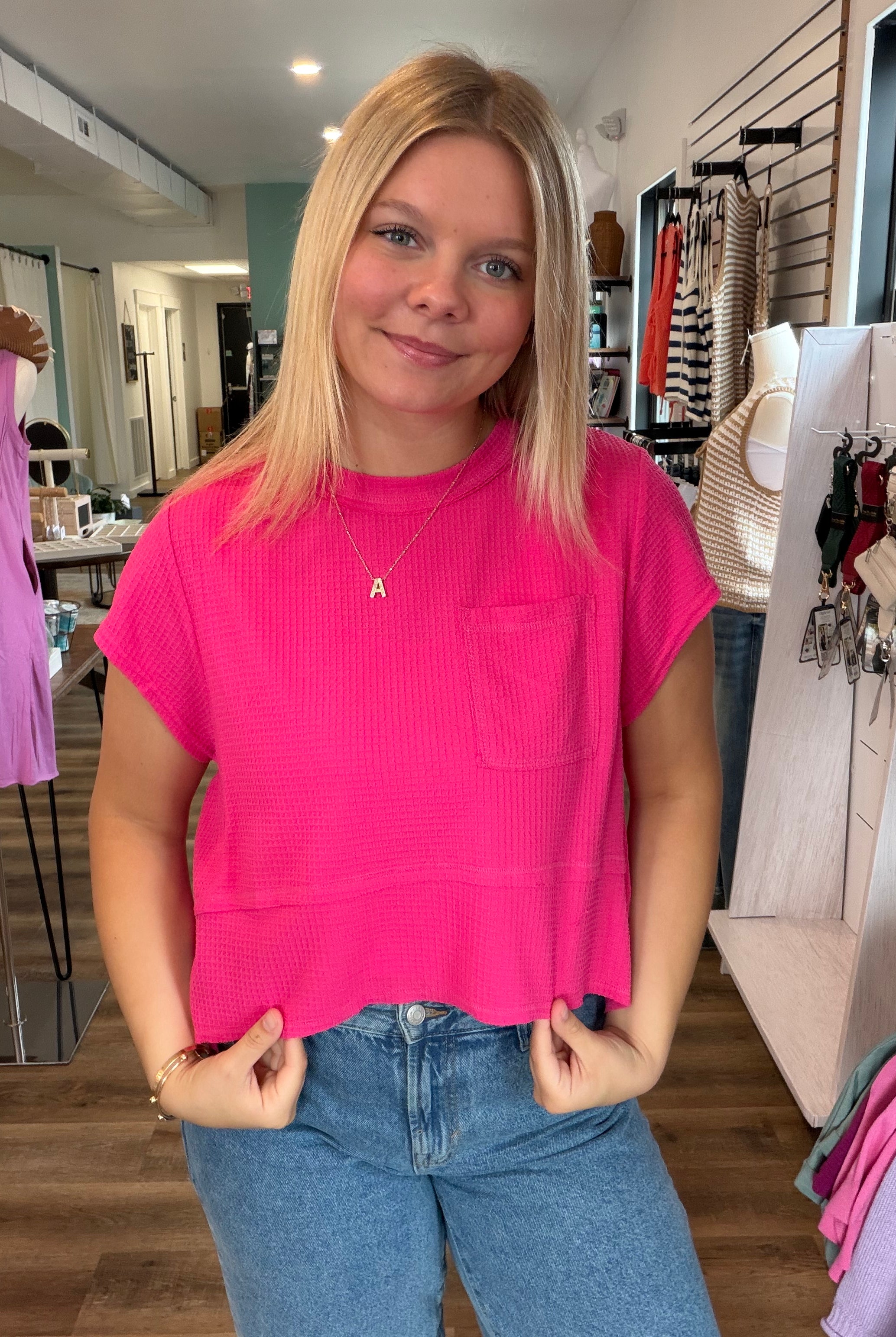 Shop Flared Hem Waffle Knit Top - Fuchsia- at Ruby Joy Boutique, a Women's Clothing Store in Pickerington, Ohio