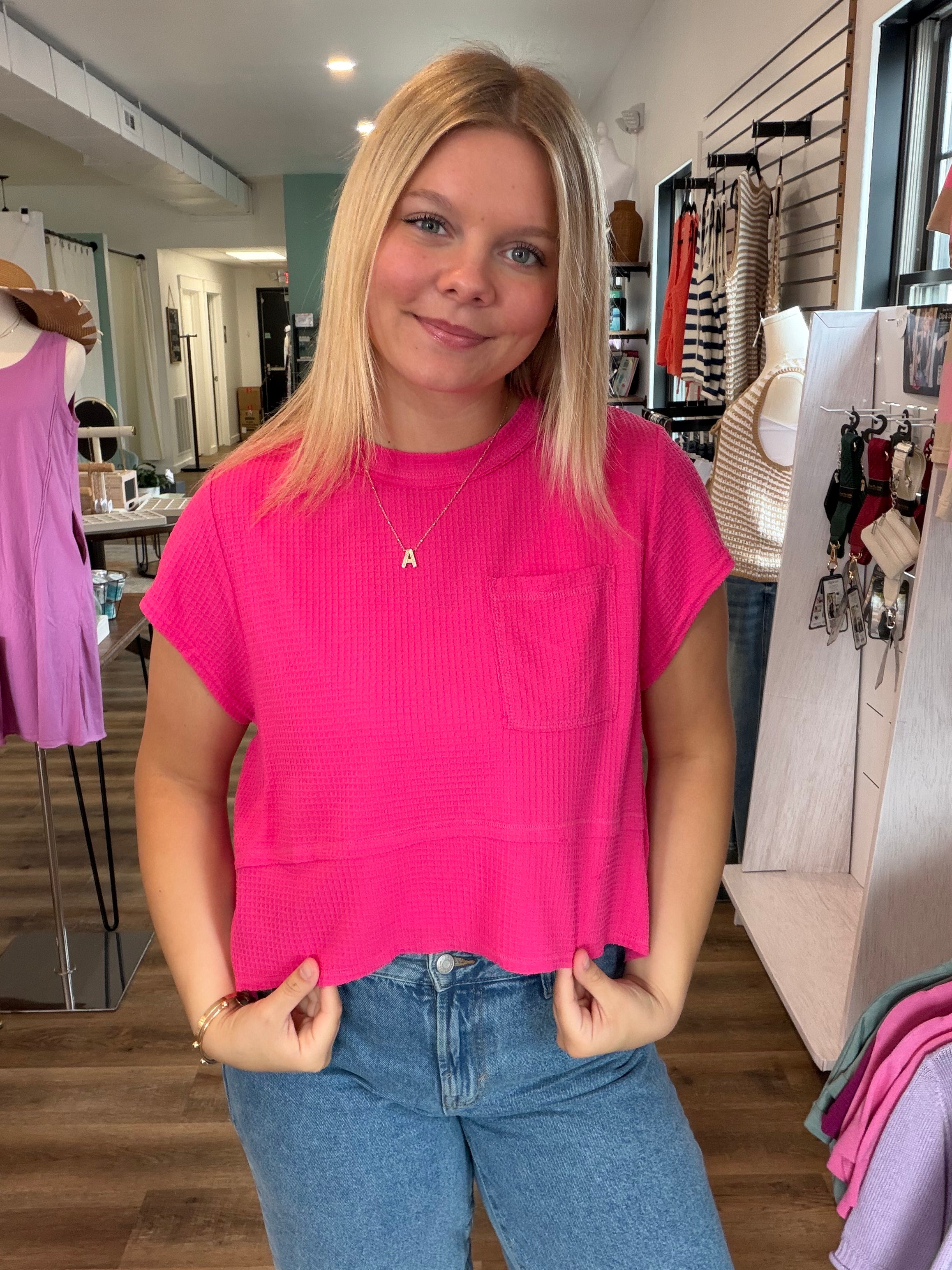 Shop Flared Hem Waffle Knit Top - Fuchsia- at Ruby Joy Boutique, a Women's Clothing Store in Pickerington, Ohio