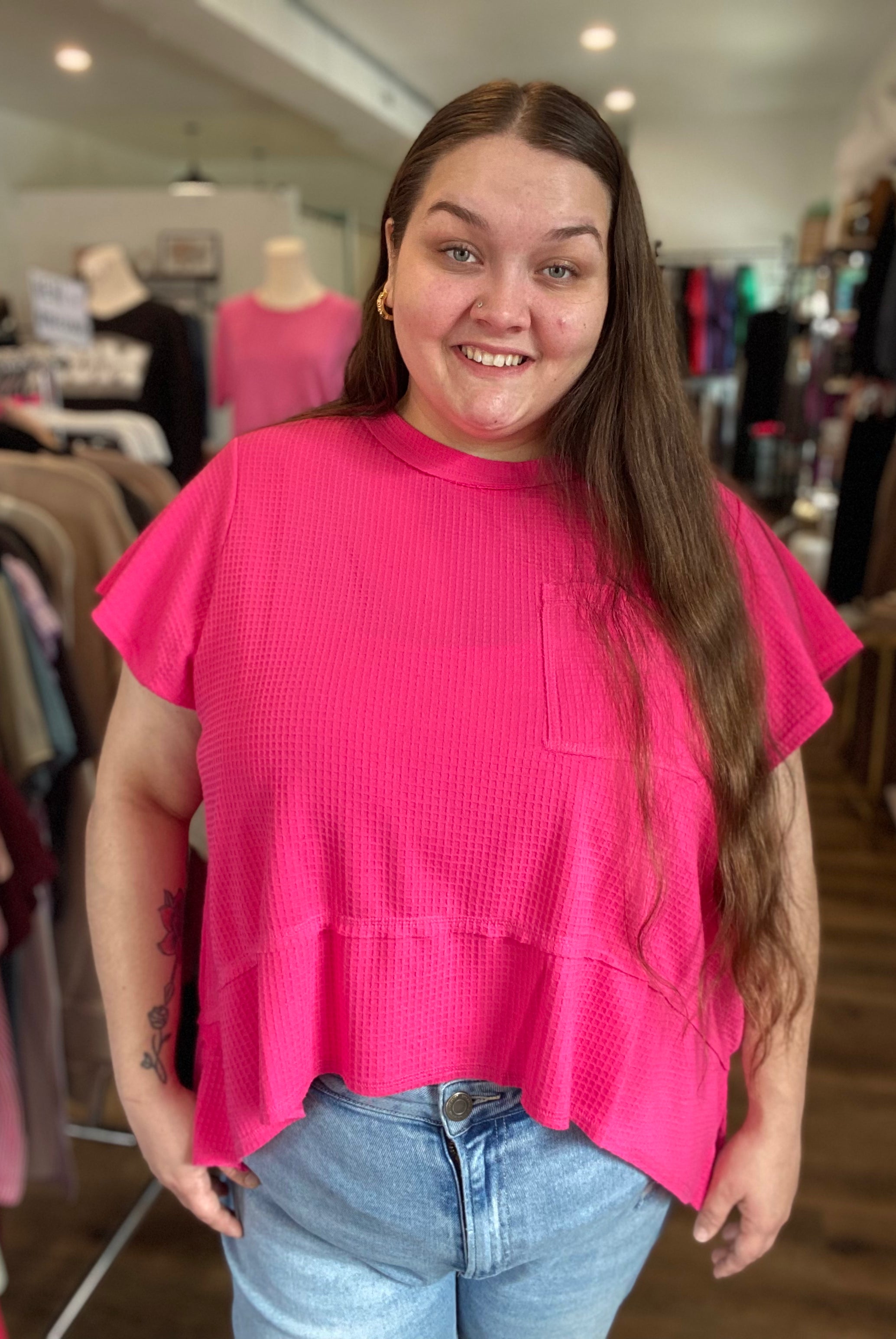 Shop Flared Hem Waffle Knit Top - Fuchsia- at Ruby Joy Boutique, a Women's Clothing Store in Pickerington, Ohio