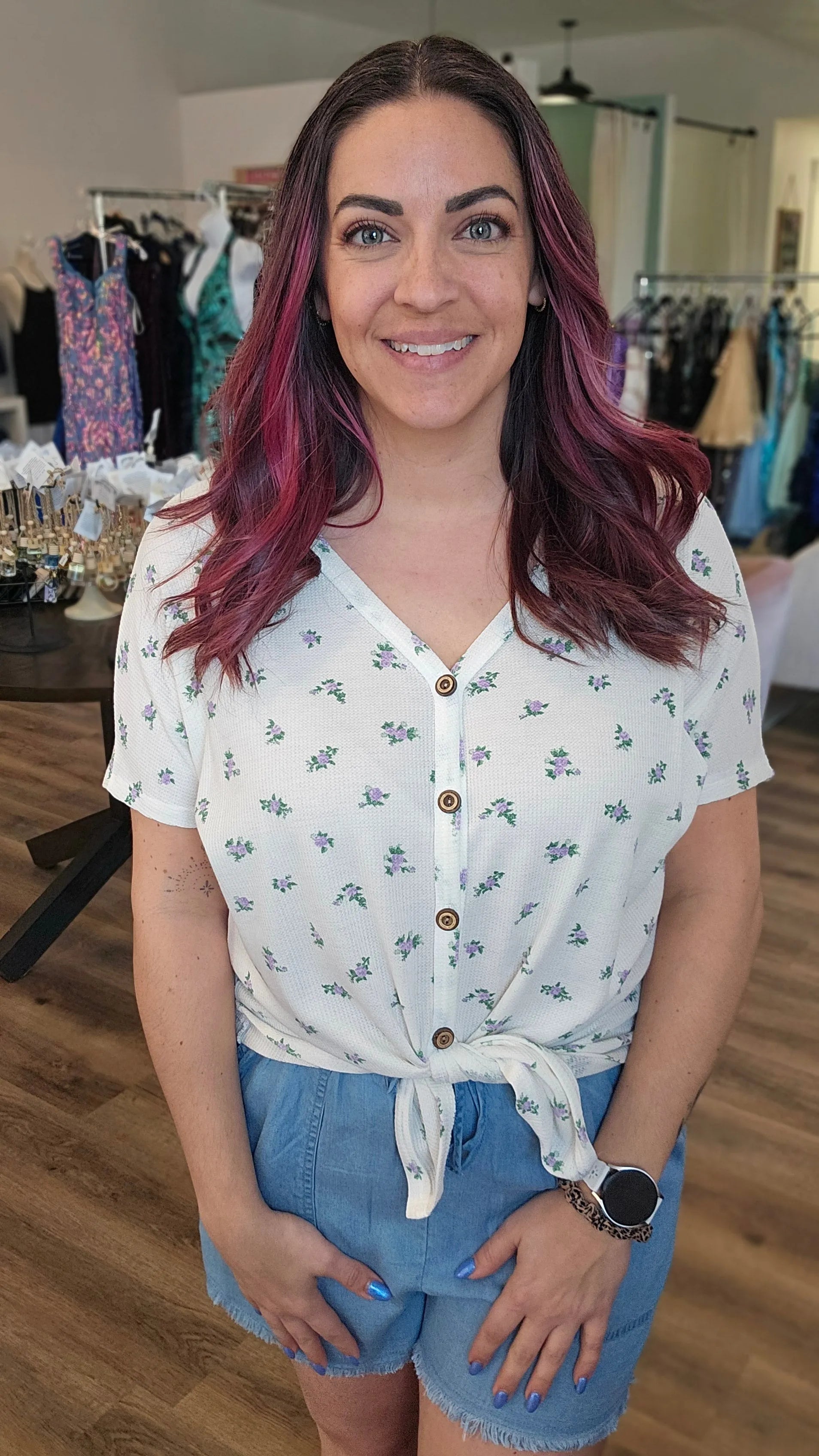 Shop Floral Button Front Top-Small at Ruby Joy Boutique, a Women's Clothing Store in Pickerington, Ohio