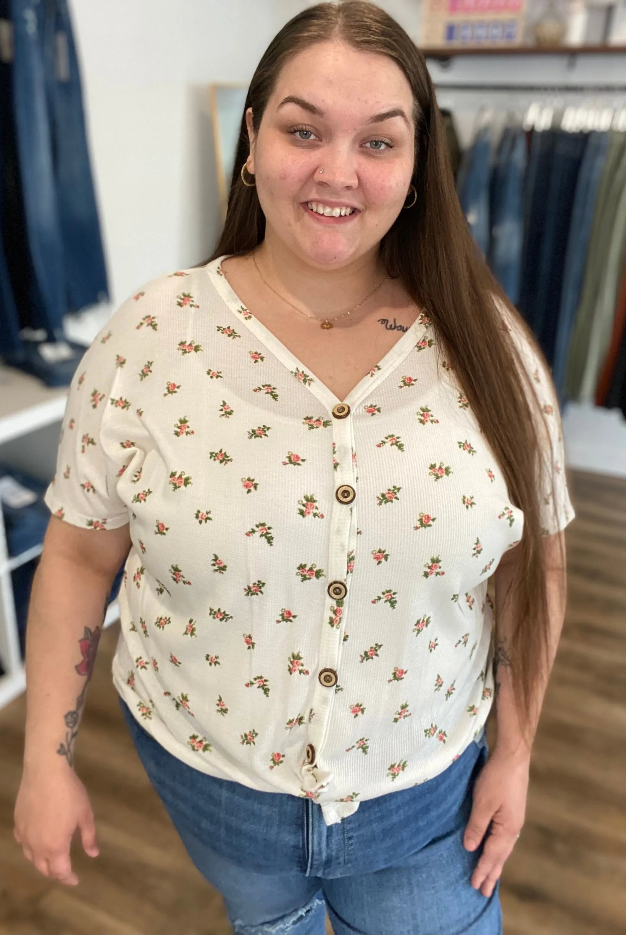 Shop Floral Button Front Top - Coral- at Ruby Joy Boutique, a Women's Clothing Store in Pickerington, Ohio