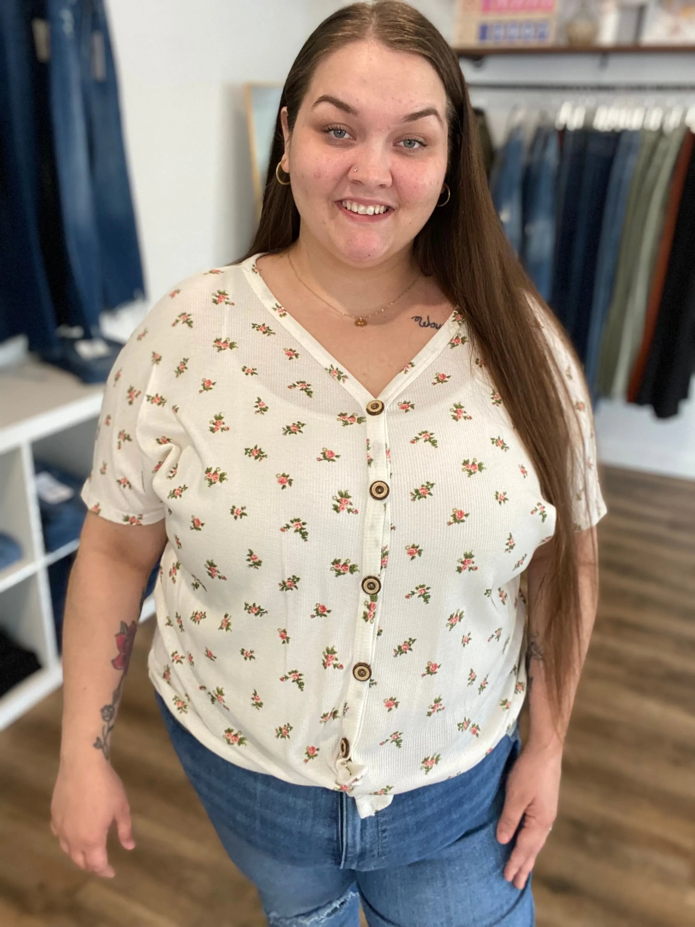 Shop Floral Button Front Top - Coral- at Ruby Joy Boutique, a Women's Clothing Store in Pickerington, Ohio