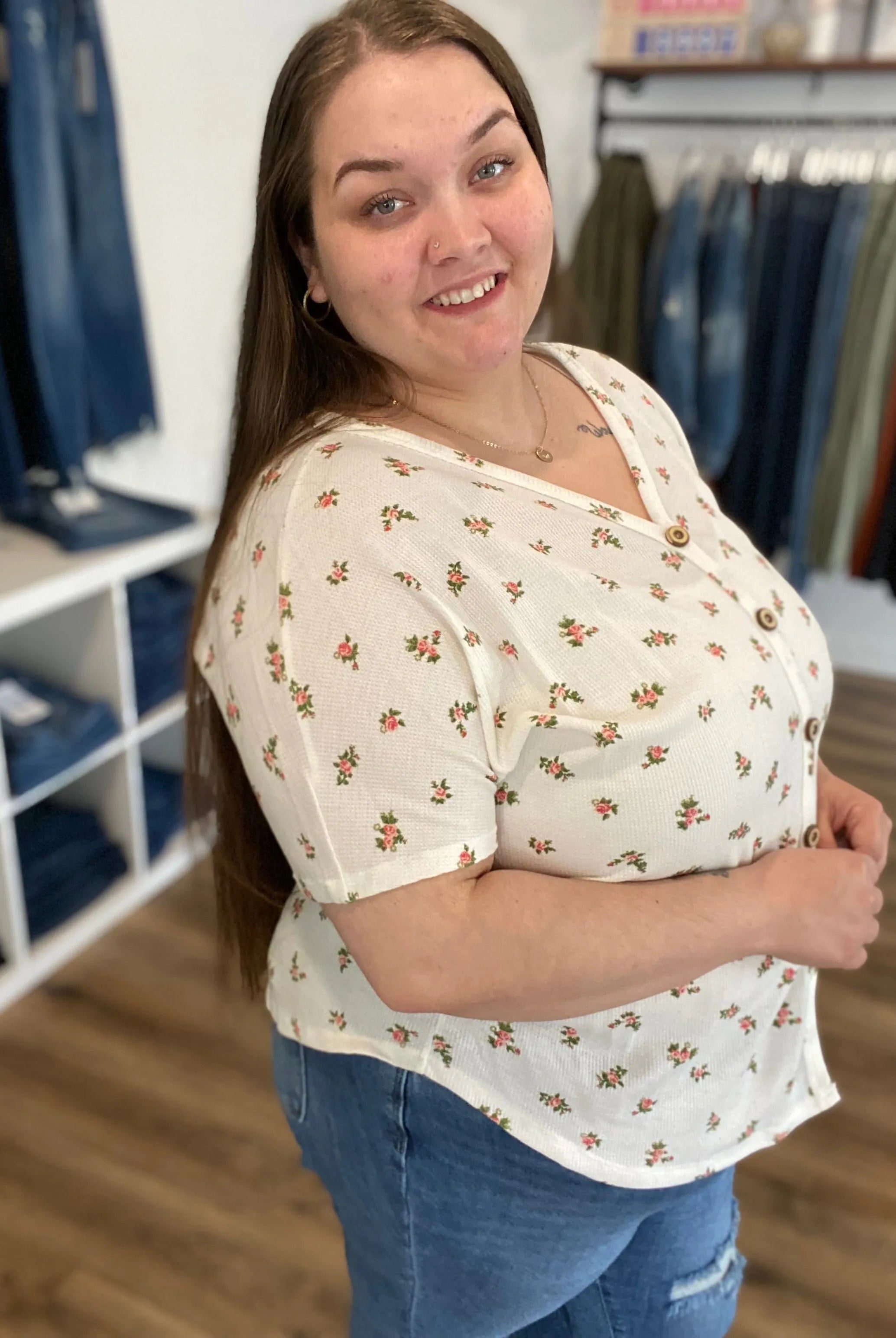 Shop Floral Button Front Top - Coral- at Ruby Joy Boutique, a Women's Clothing Store in Pickerington, Ohio