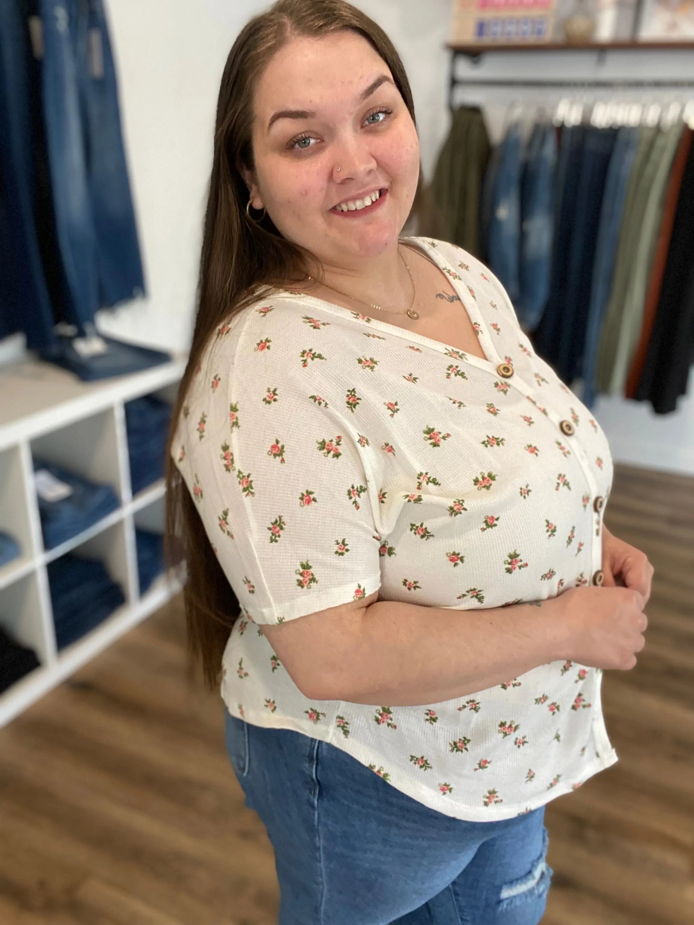 Shop Floral Button Front Top - Coral- at Ruby Joy Boutique, a Women's Clothing Store in Pickerington, Ohio