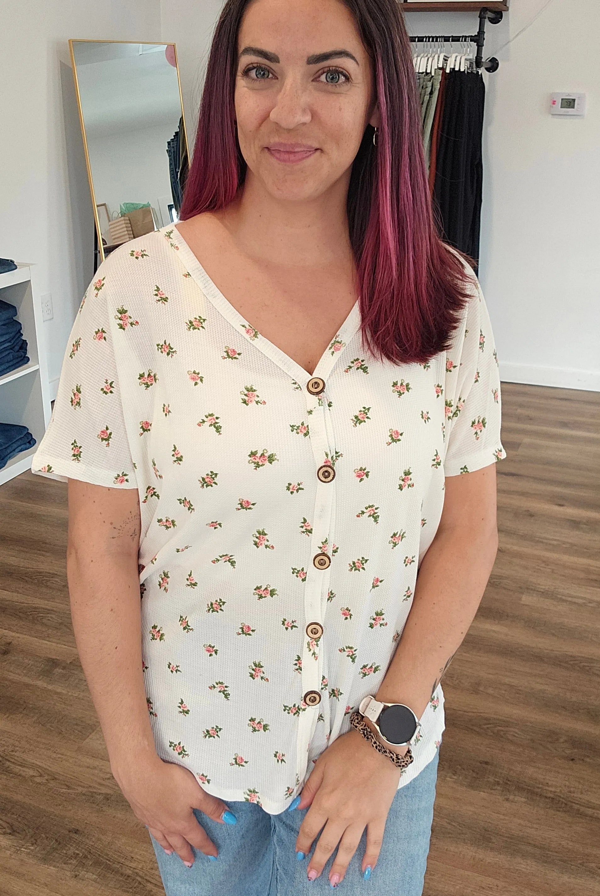 Shop Floral Button Front Top - Coral- at Ruby Joy Boutique, a Women's Clothing Store in Pickerington, Ohio