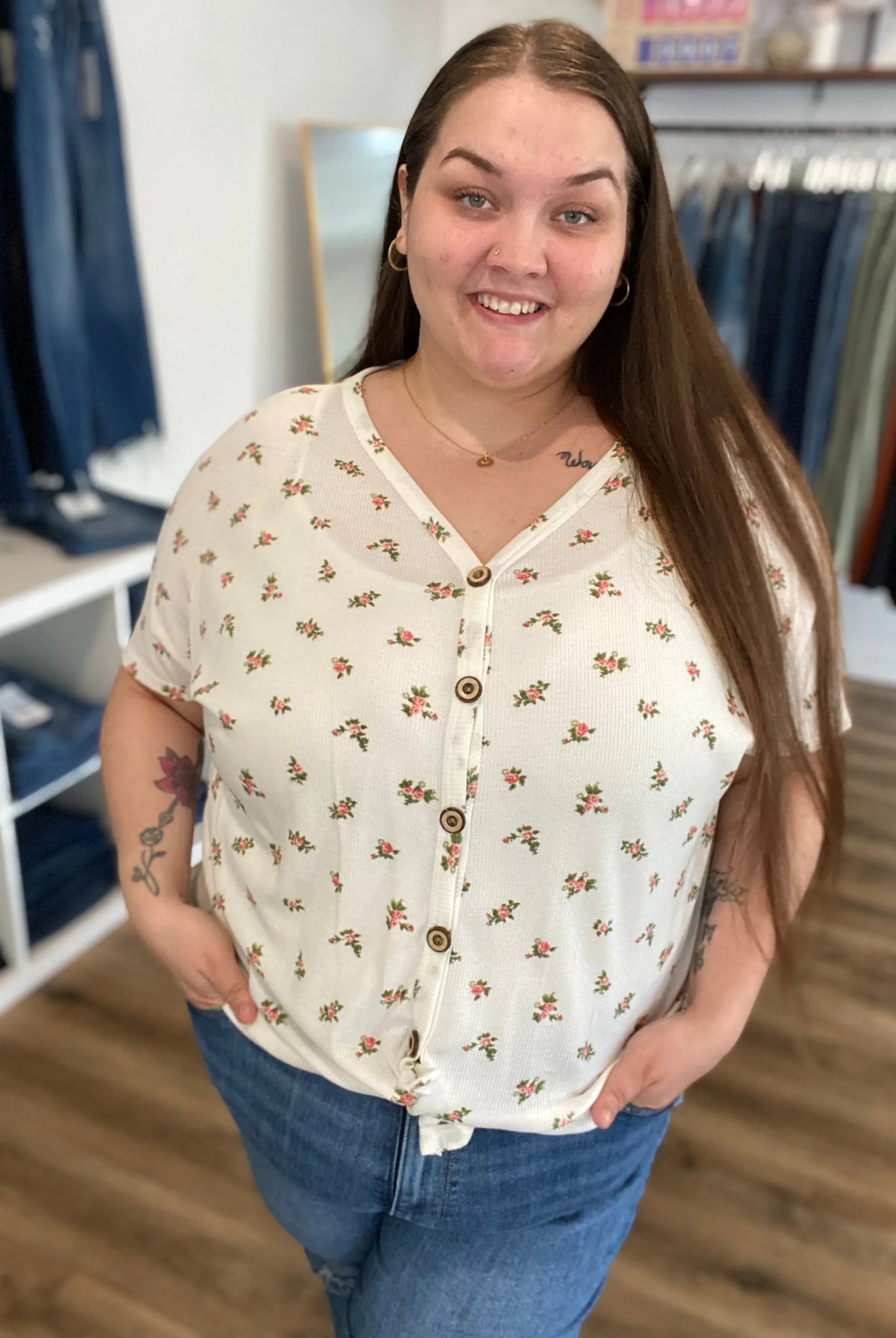 Shop Floral Button Front Top - Coral- at Ruby Joy Boutique, a Women's Clothing Store in Pickerington, Ohio