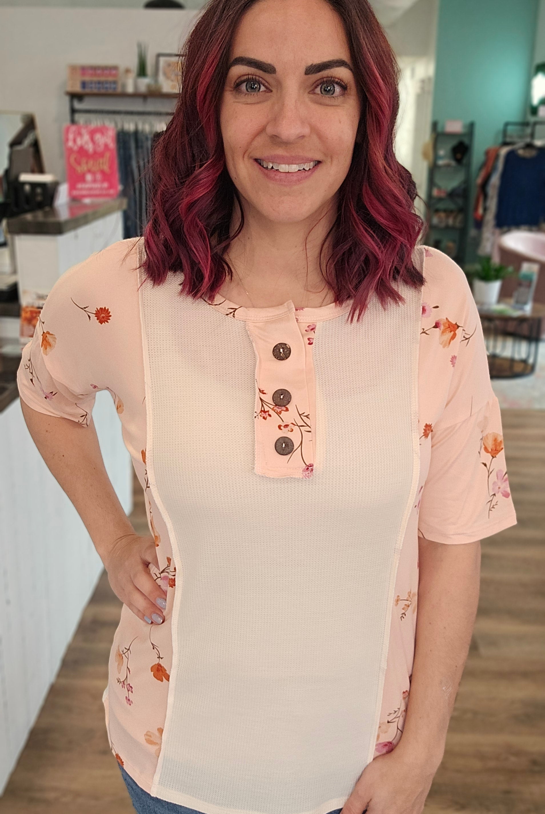 Shop Floral Color Block Top-Short Sleeve Top at Ruby Joy Boutique, a Women's Clothing Store in Pickerington, Ohio
