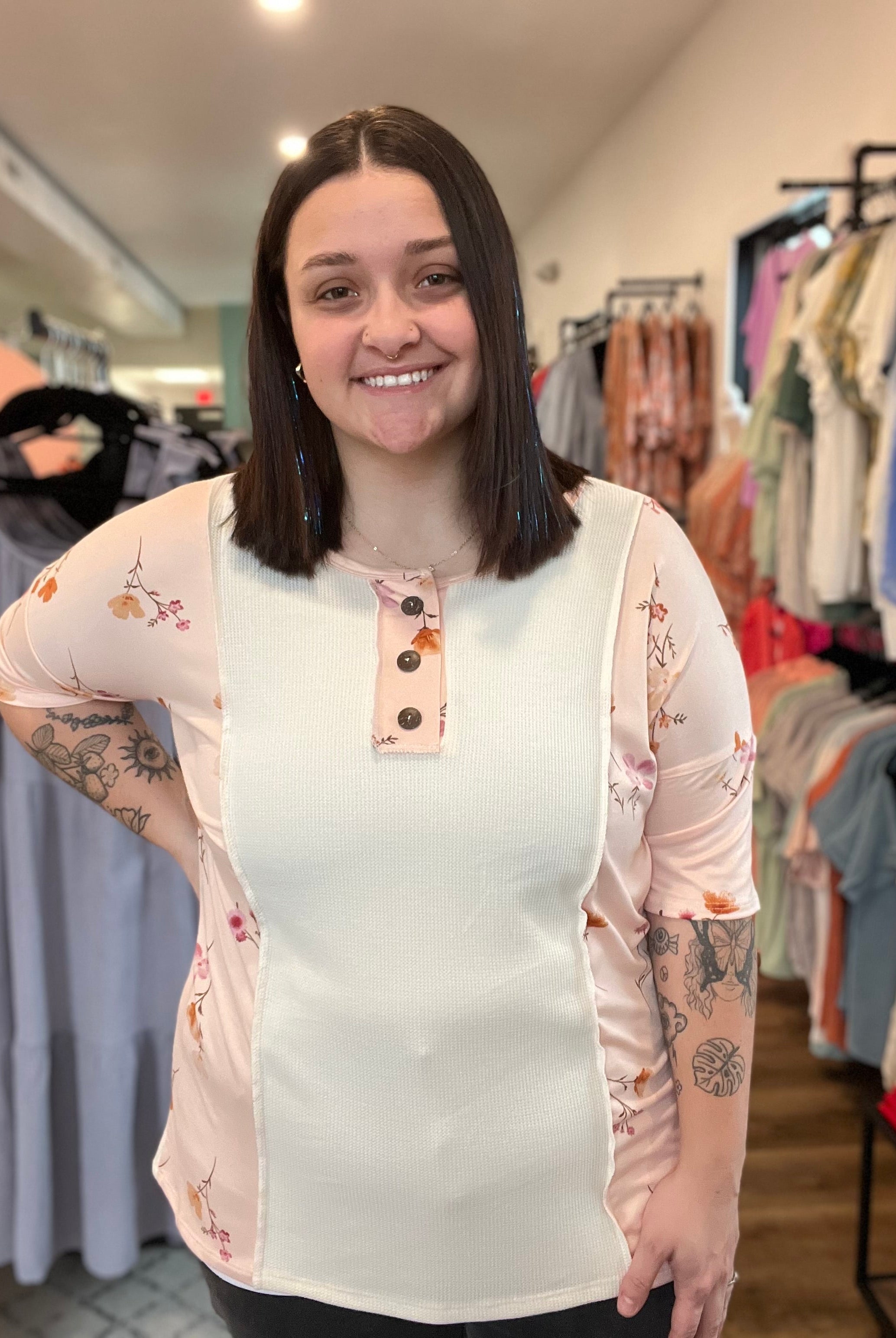Shop Floral Color Block Top-Short Sleeve Top at Ruby Joy Boutique, a Women's Clothing Store in Pickerington, Ohio