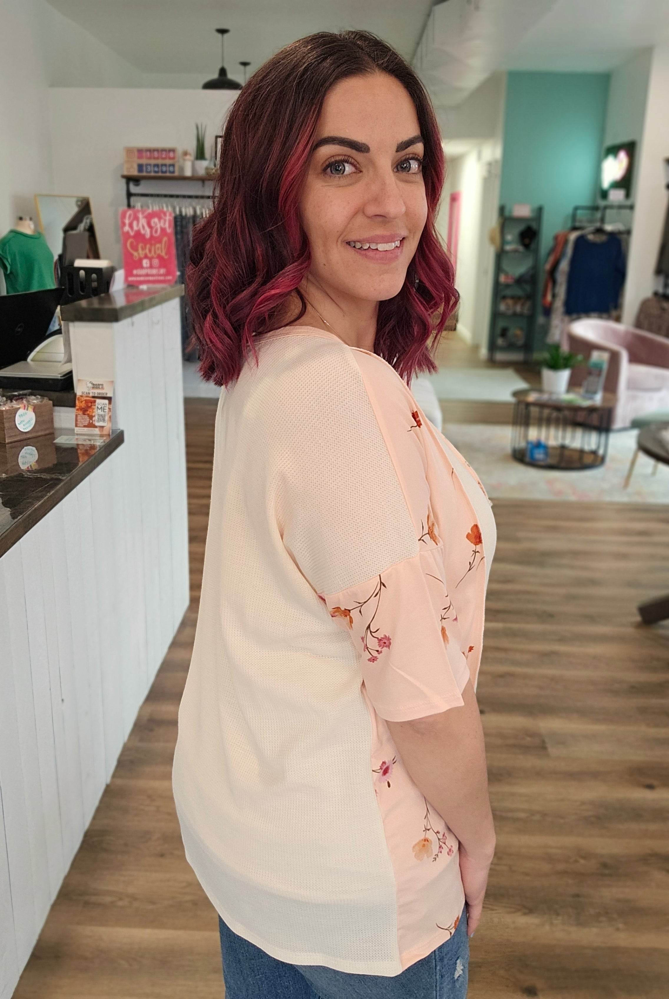 Shop Floral Color Block Top-Short Sleeve Top at Ruby Joy Boutique, a Women's Clothing Store in Pickerington, Ohio