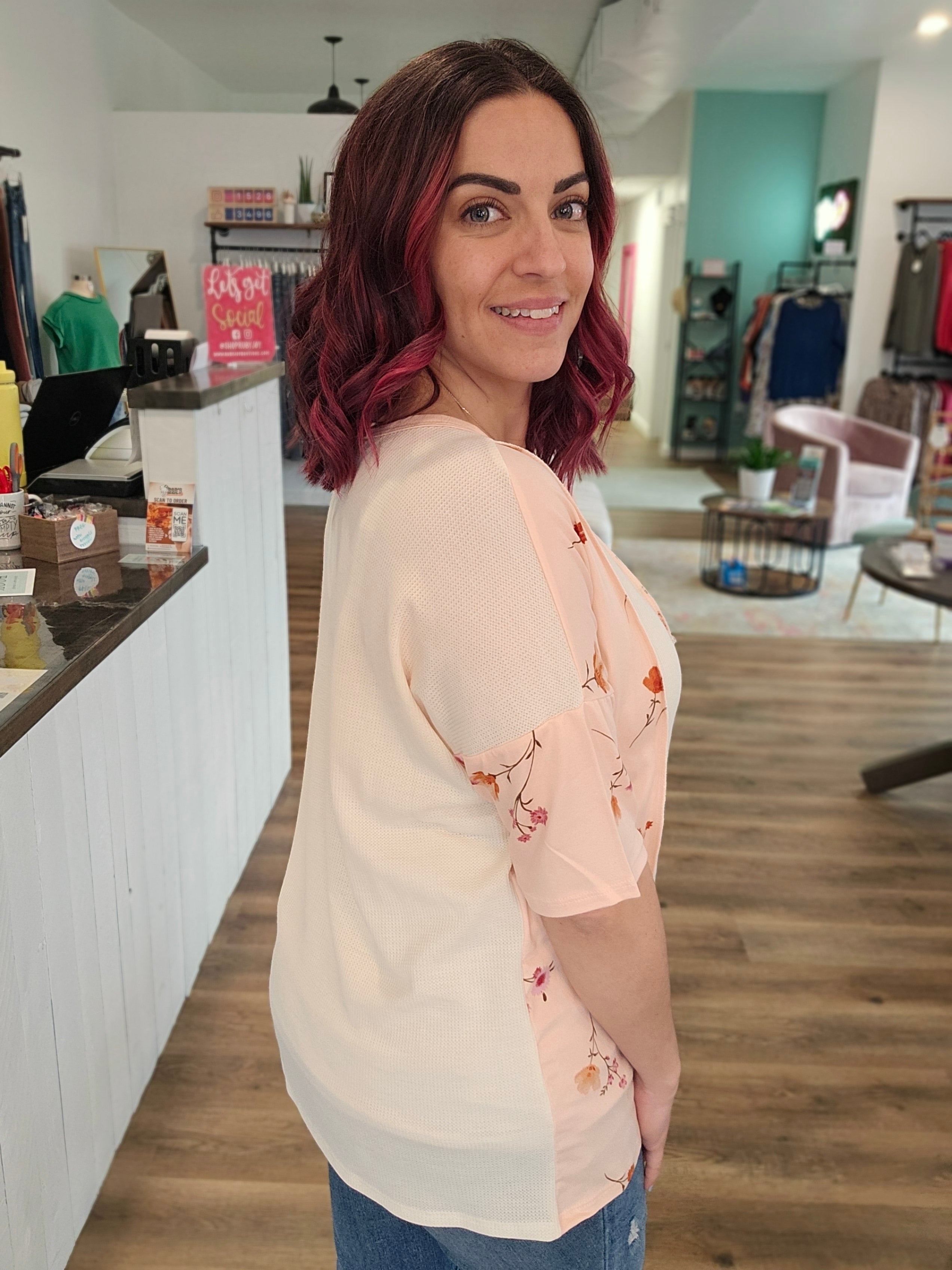 Shop Floral Color Block Top-Short Sleeve Top at Ruby Joy Boutique, a Women's Clothing Store in Pickerington, Ohio