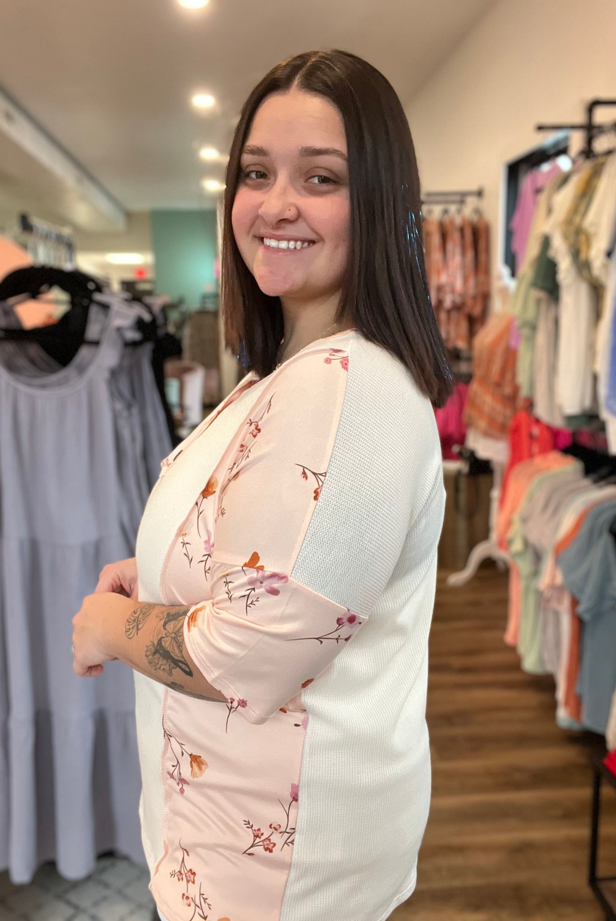 Shop Floral Color Block Top-Short Sleeve Top at Ruby Joy Boutique, a Women's Clothing Store in Pickerington, Ohio