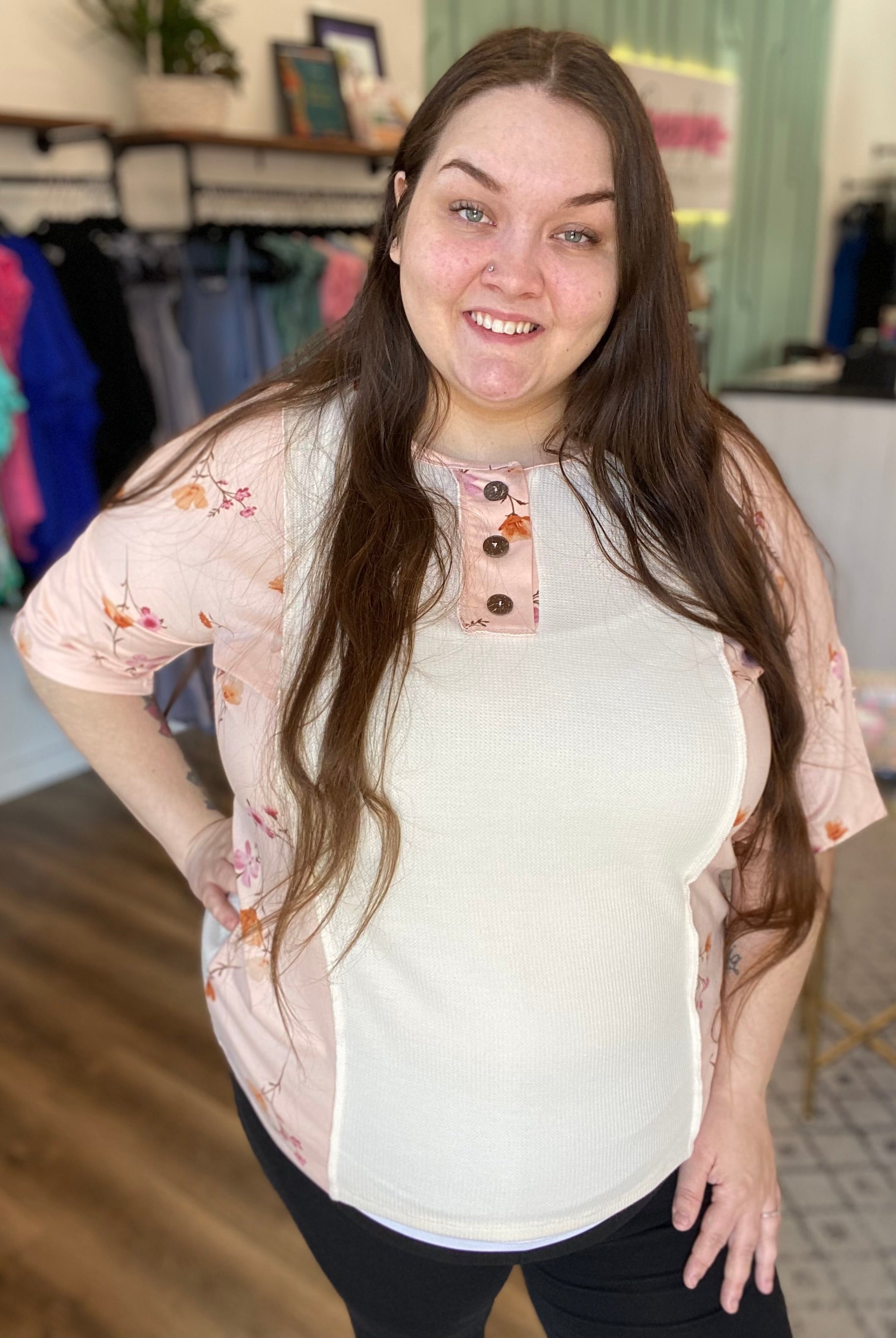 Shop Floral Color Block Top-Short Sleeve Top at Ruby Joy Boutique, a Women's Clothing Store in Pickerington, Ohio
