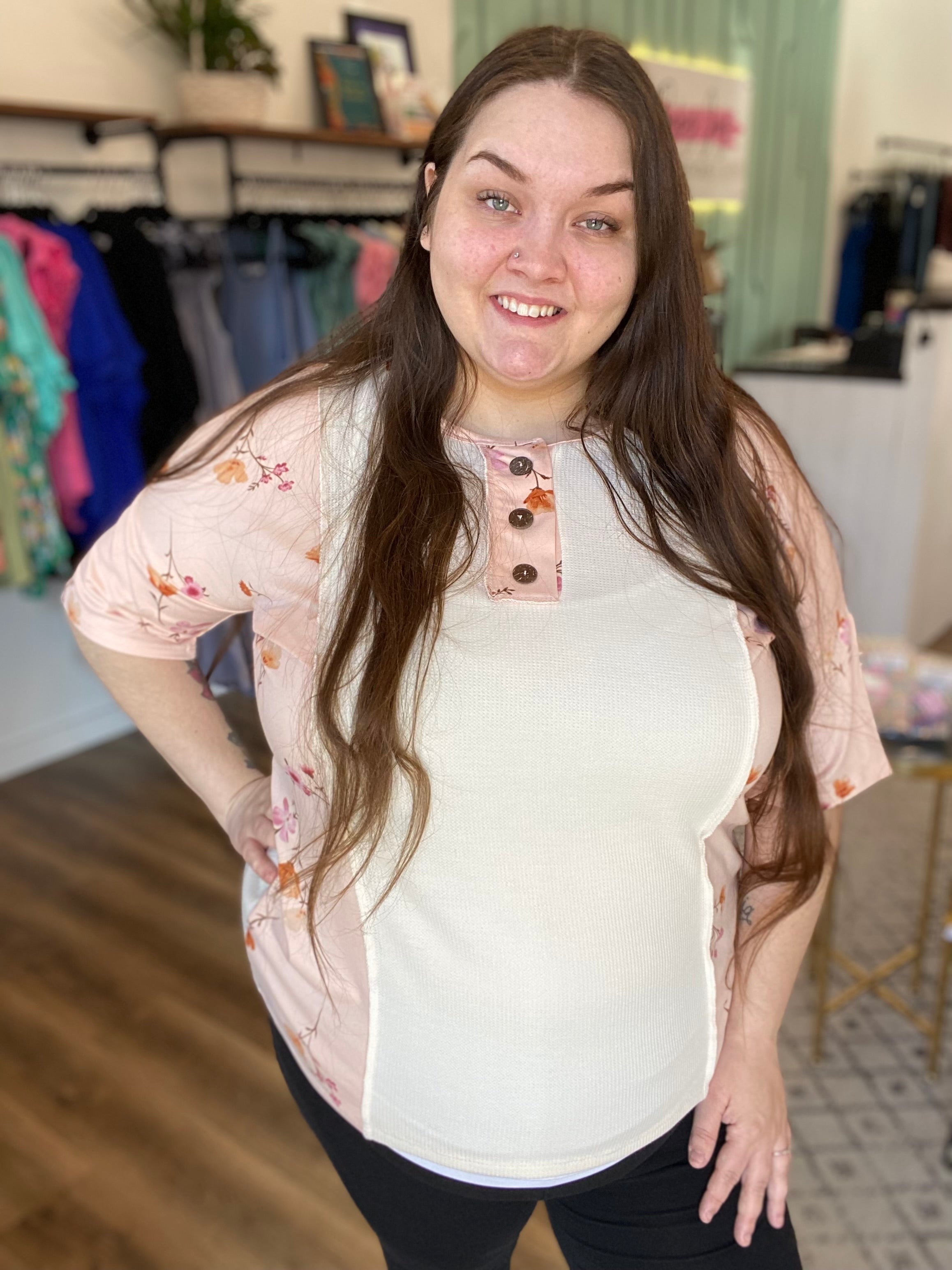Shop Floral Color Block Top-Short Sleeve Top at Ruby Joy Boutique, a Women's Clothing Store in Pickerington, Ohio