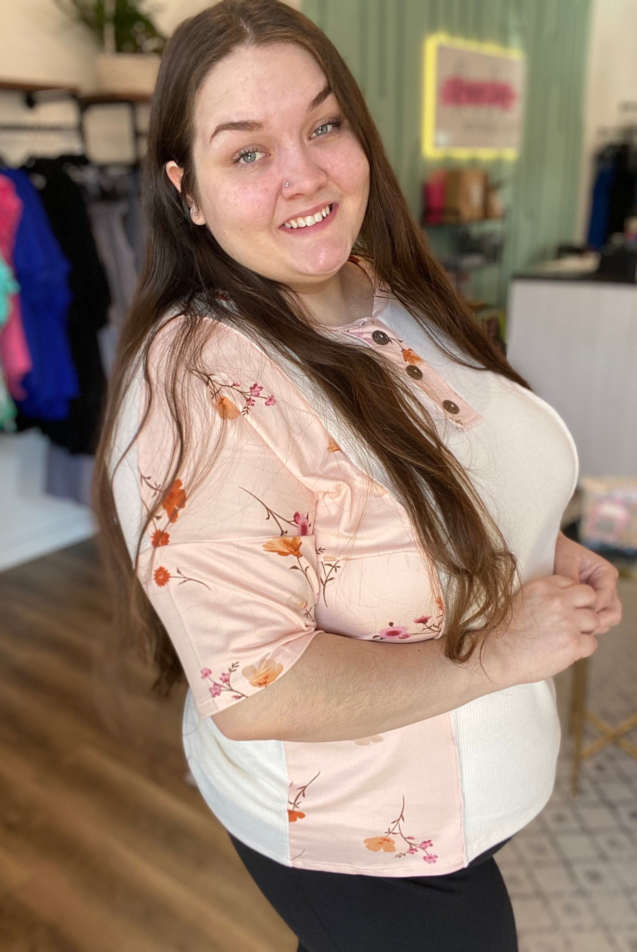 Shop Floral Color Block Top-Short Sleeve Top at Ruby Joy Boutique, a Women's Clothing Store in Pickerington, Ohio