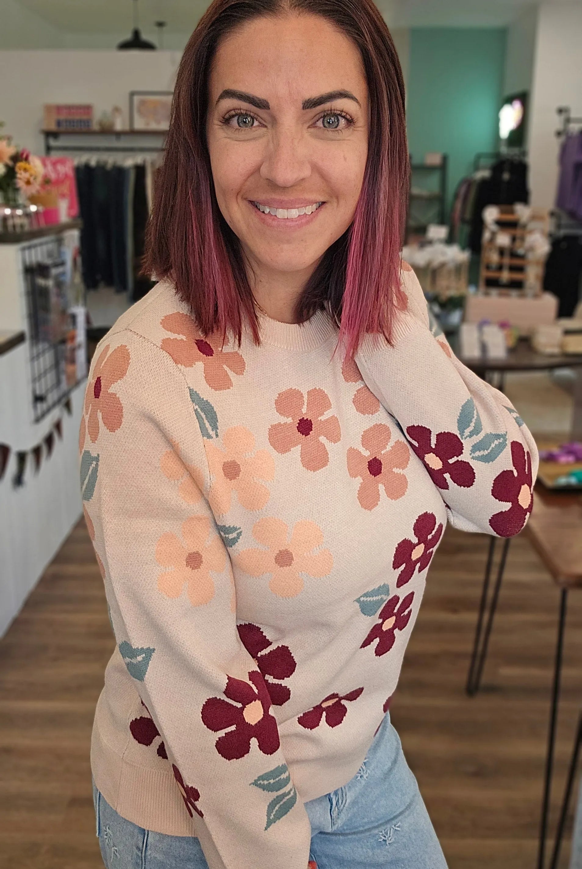 Shop Floral Jacquard Sweater- at Ruby Joy Boutique, a Women's Clothing Store in Pickerington, Ohio