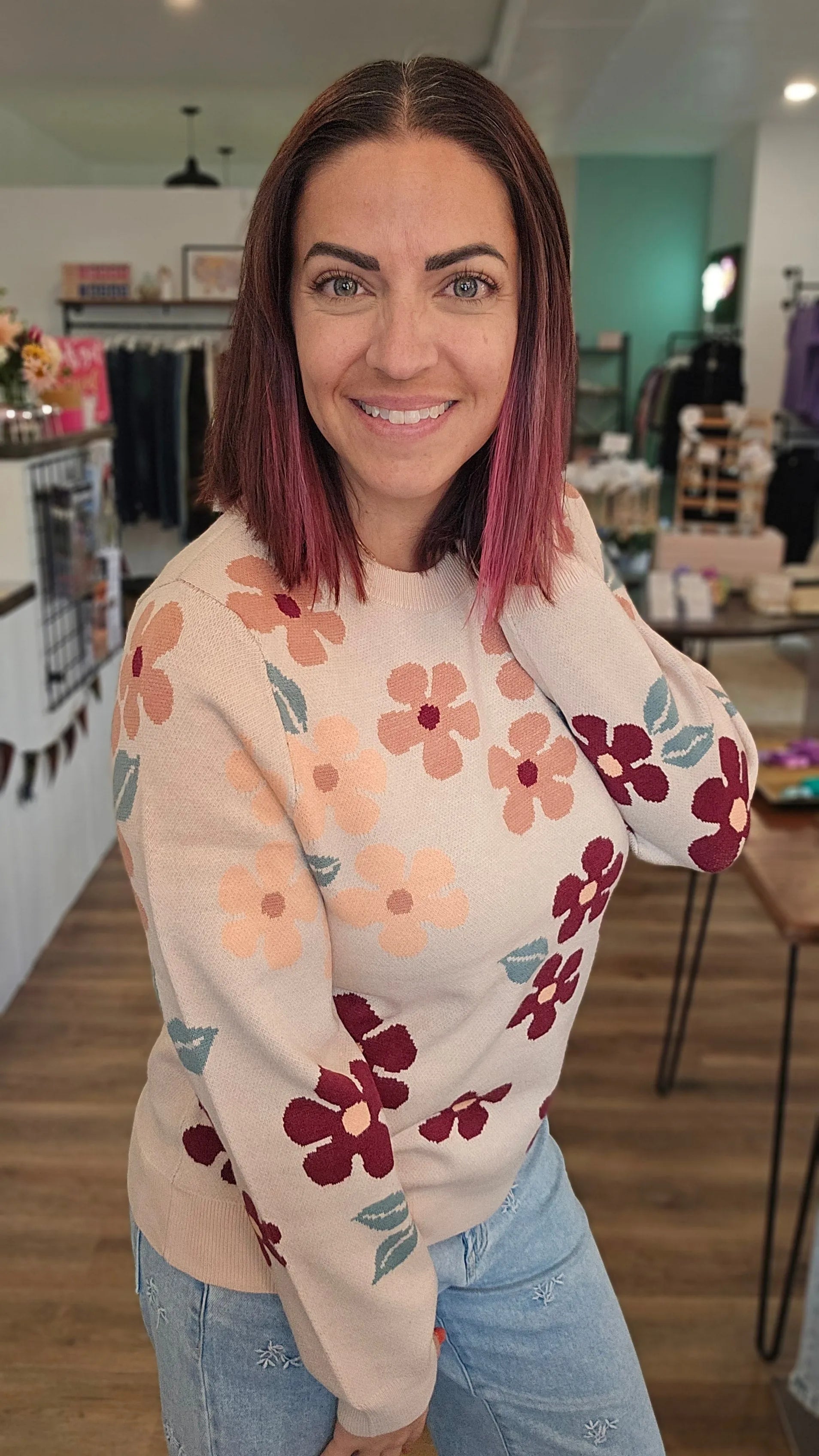 Shop Floral Jacquard Sweater- at Ruby Joy Boutique, a Women's Clothing Store in Pickerington, Ohio