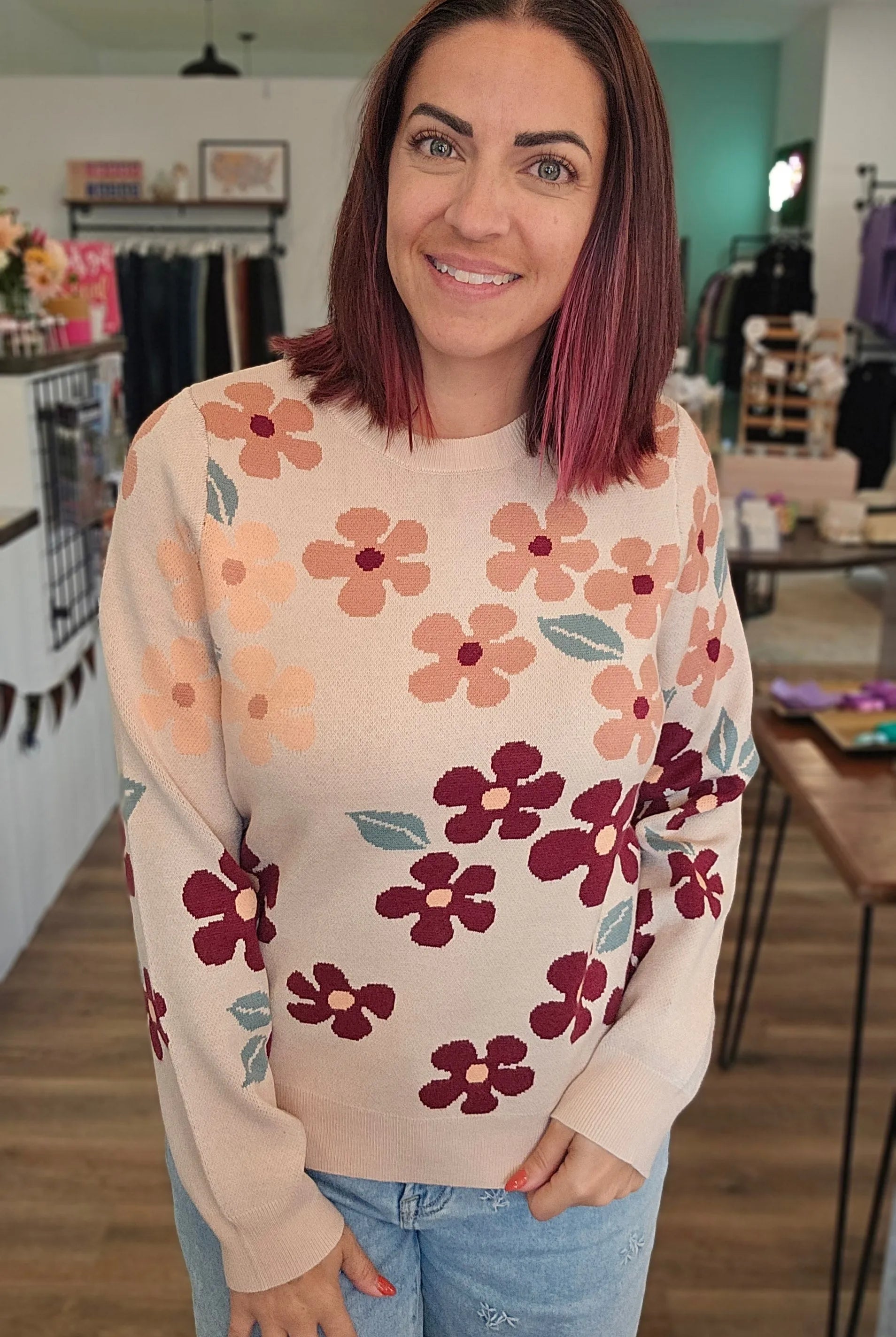 Shop Floral Jacquard Sweater- at Ruby Joy Boutique, a Women's Clothing Store in Pickerington, Ohio