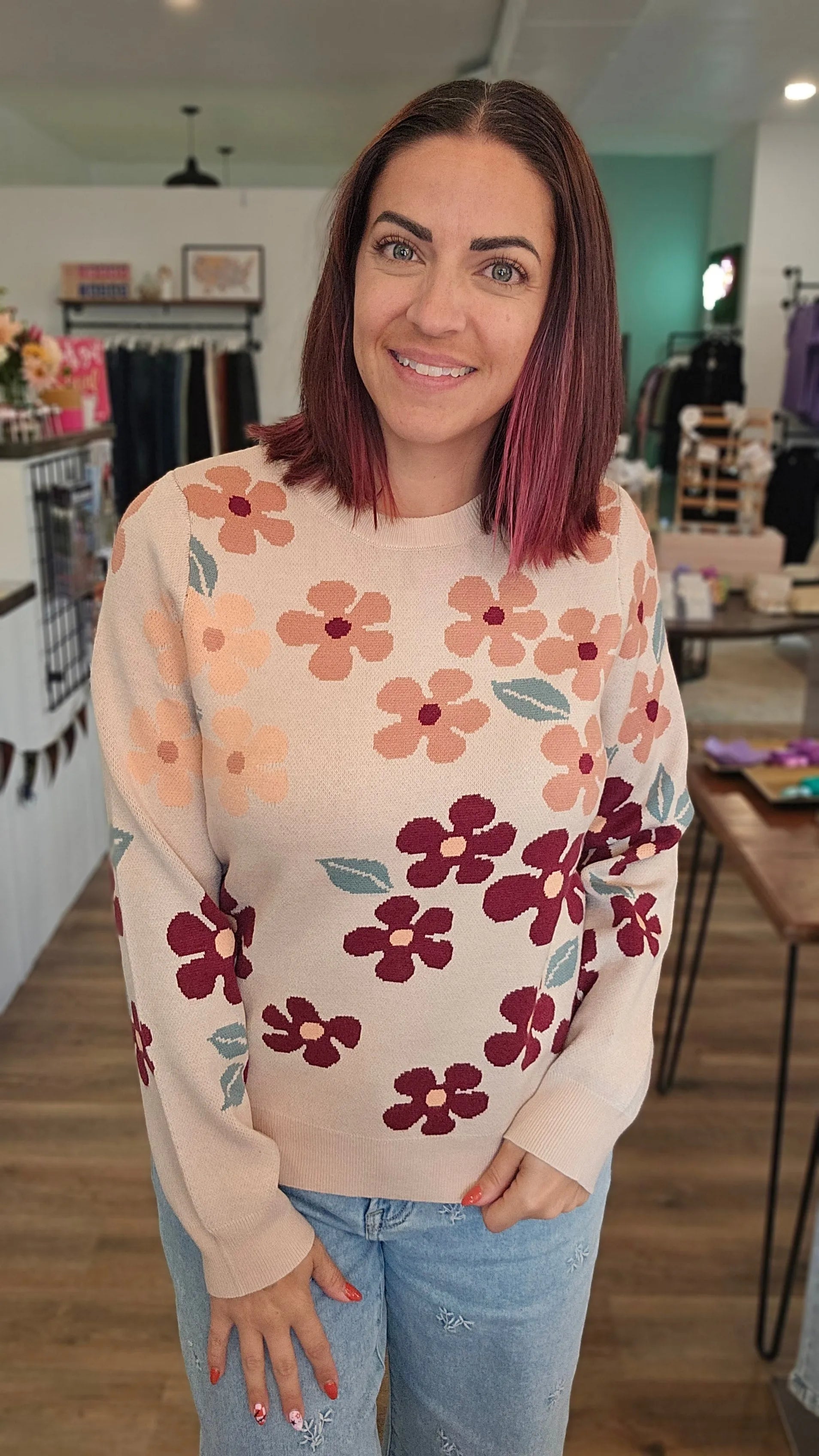 Shop Floral Jacquard Sweater- at Ruby Joy Boutique, a Women's Clothing Store in Pickerington, Ohio