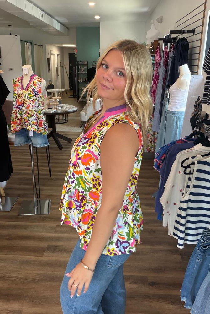 Shop Floral Print Contrast Trim Sleeveless Peplum Blouse- at Ruby Joy Boutique, a Women's Clothing Store in Pickerington, Ohio