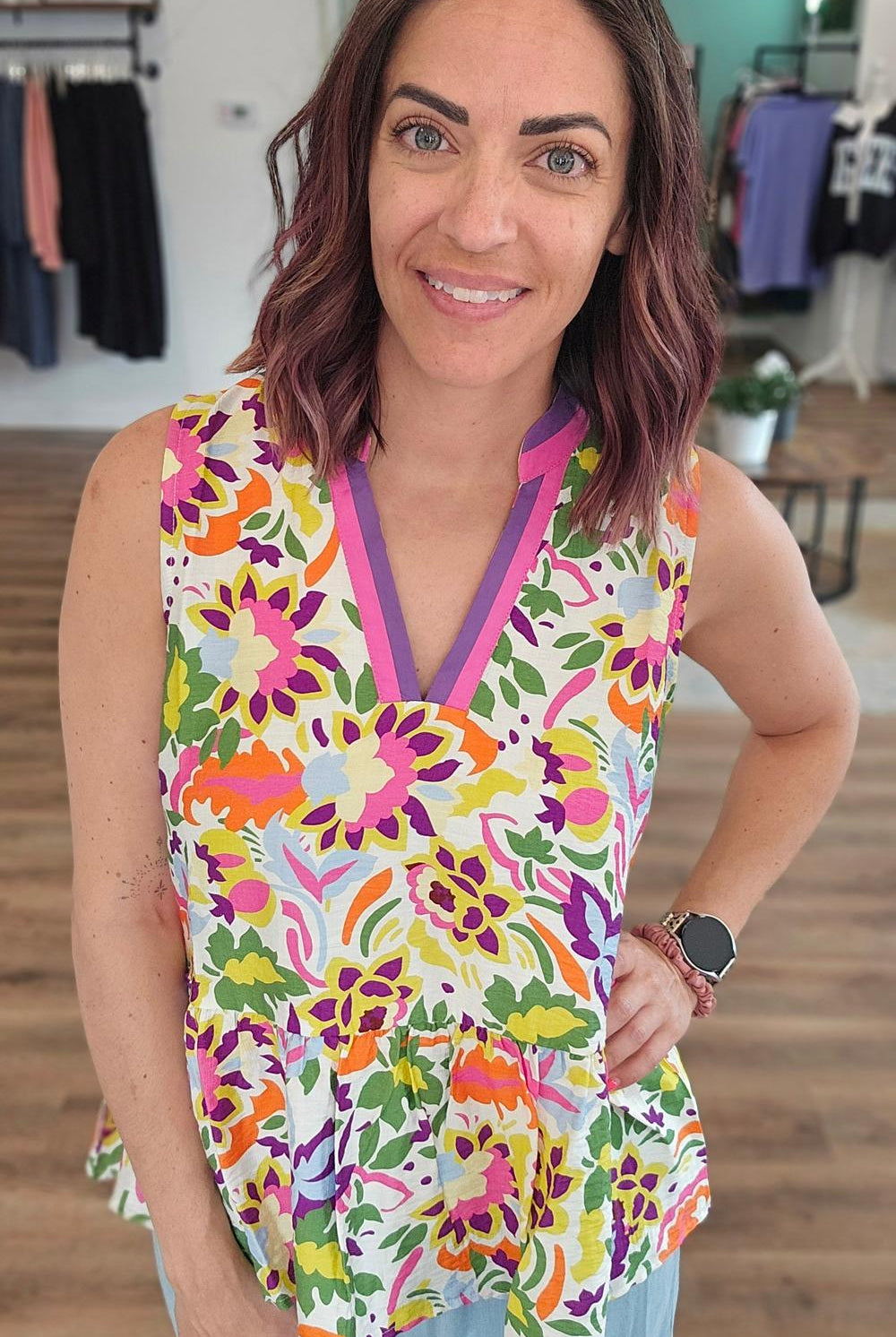 Shop Floral Print Contrast Trim Sleeveless Peplum Blouse- at Ruby Joy Boutique, a Women's Clothing Store in Pickerington, Ohio