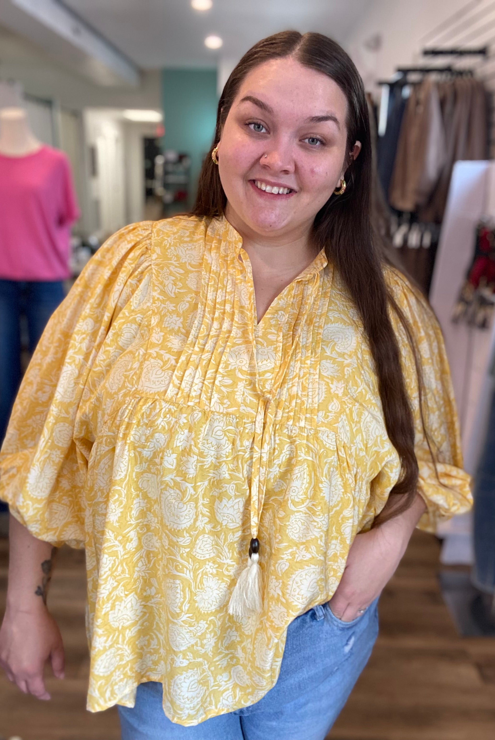 Shop Floral Print Peasant Top with Puff Sleeves and Tie Neck- at Ruby Joy Boutique, a Women's Clothing Store in Pickerington, Ohio