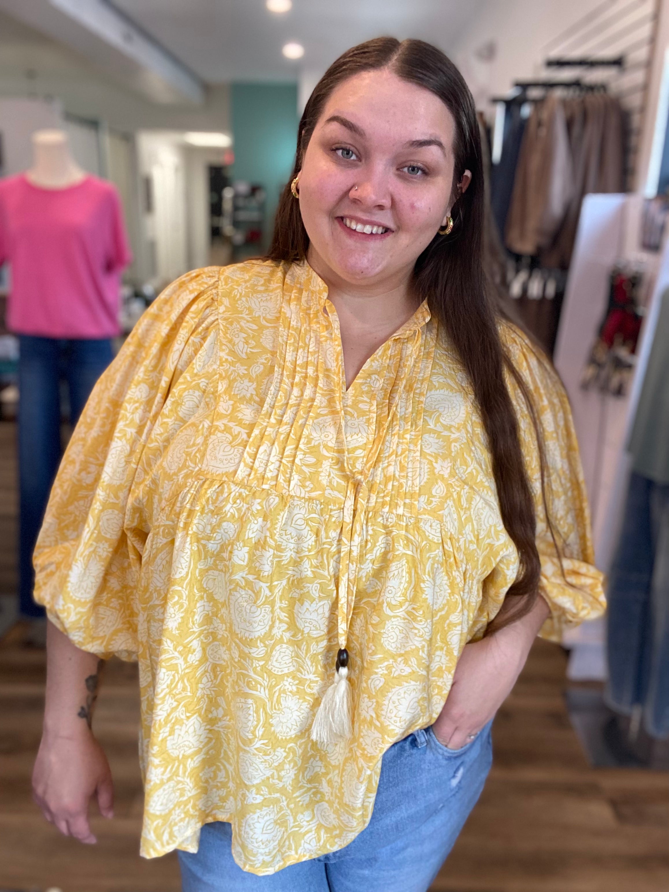 Shop Floral Print Peasant Top with Puff Sleeves and Tie Neck- at Ruby Joy Boutique, a Women's Clothing Store in Pickerington, Ohio