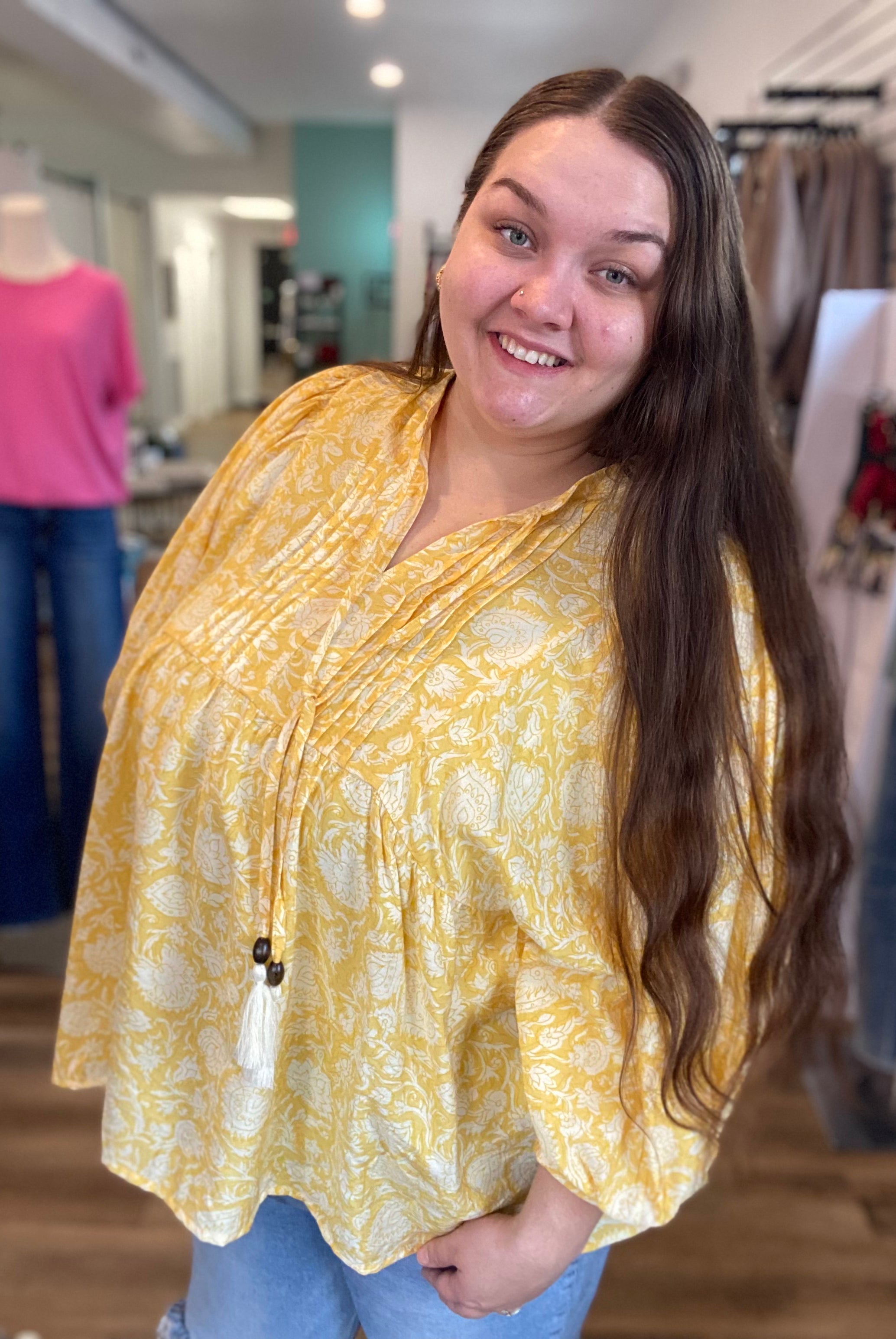 Shop Floral Print Peasant Top with Puff Sleeves and Tie Neck- at Ruby Joy Boutique, a Women's Clothing Store in Pickerington, Ohio