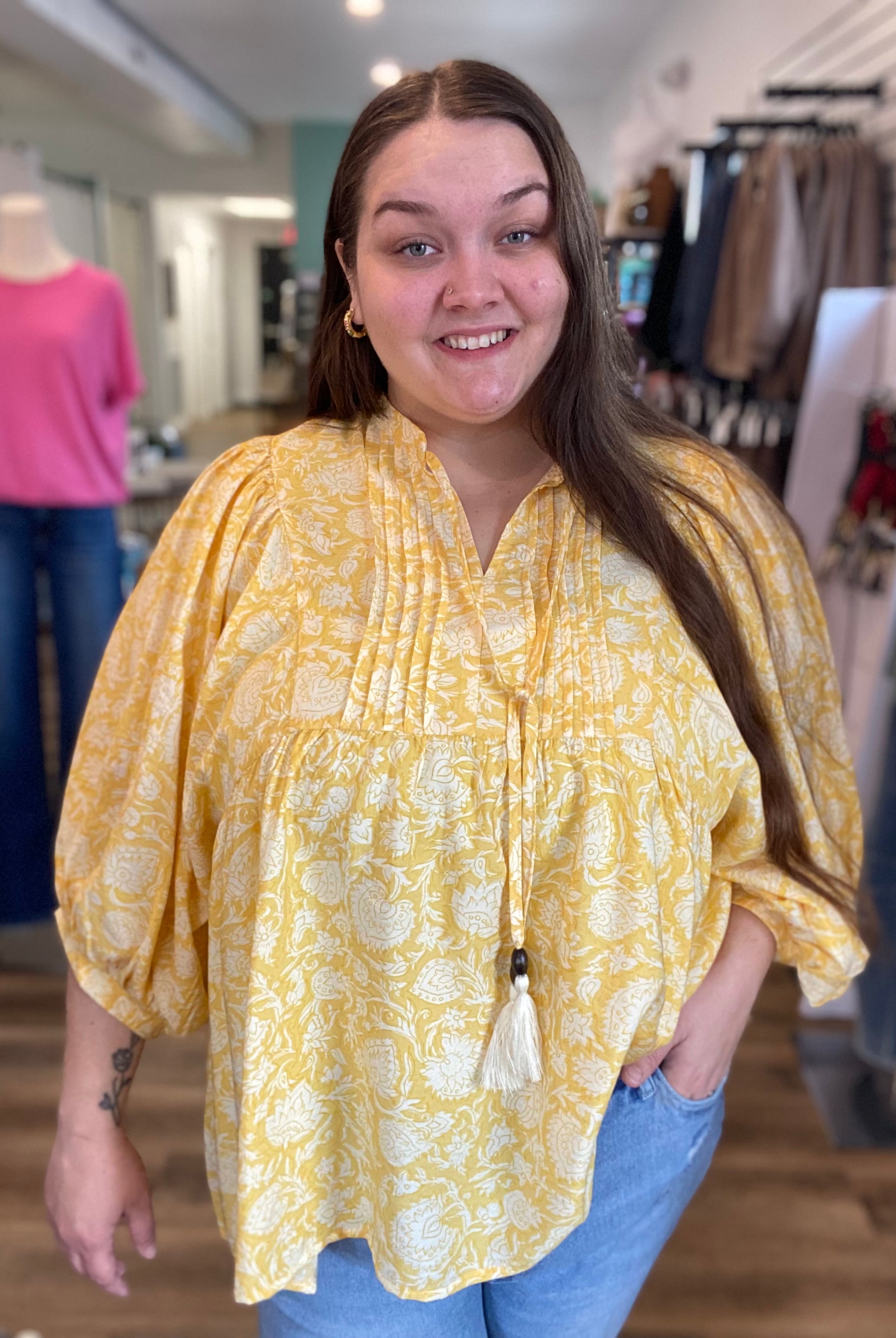 Shop Floral Print Peasant Top with Puff Sleeves and Tie Neck- at Ruby Joy Boutique, a Women's Clothing Store in Pickerington, Ohio