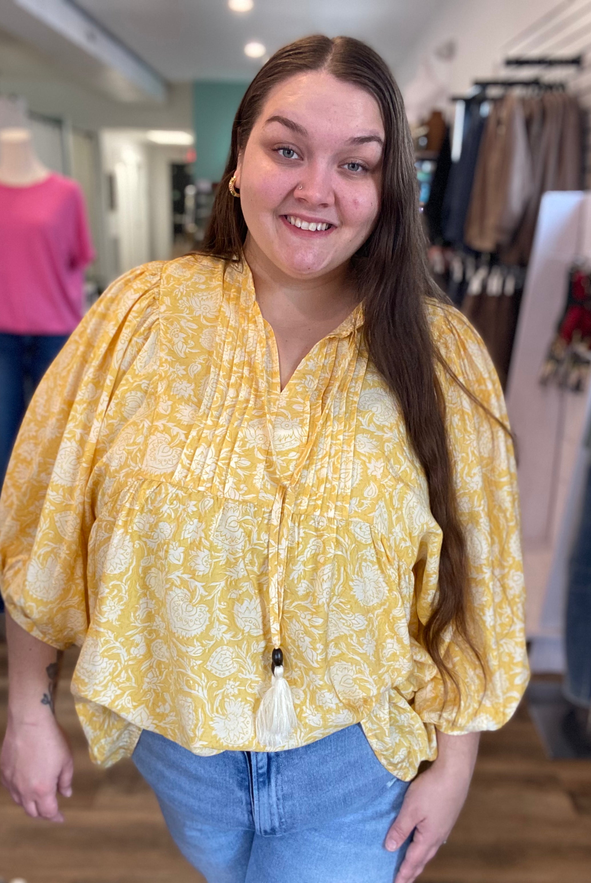 Shop Floral Print Peasant Top with Puff Sleeves and Tie Neck-1XL at Ruby Joy Boutique, a Women's Clothing Store in Pickerington, Ohio