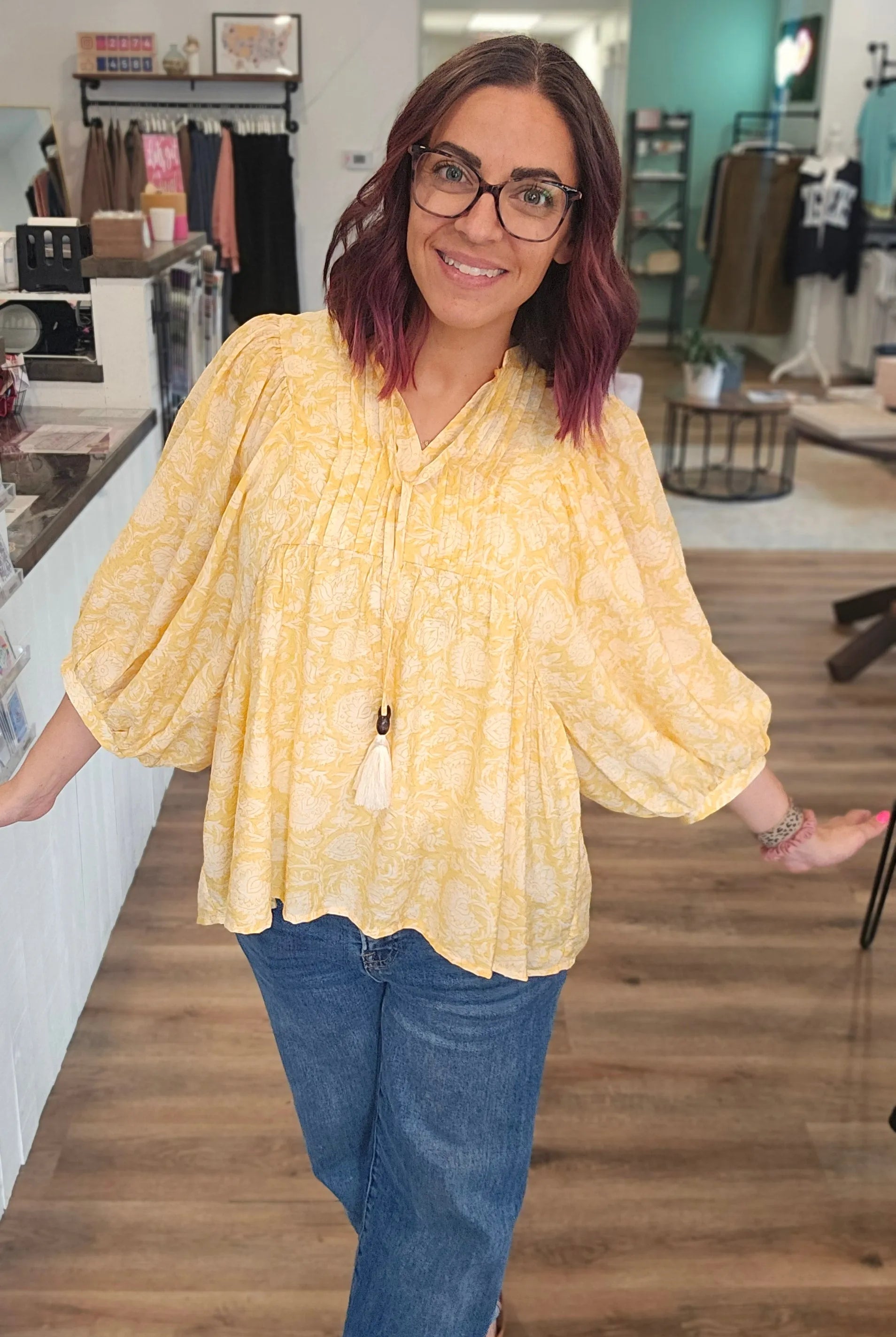Shop Floral Print Peasant Top with Puff Sleeves and Tie Neck- at Ruby Joy Boutique, a Women's Clothing Store in Pickerington, Ohio