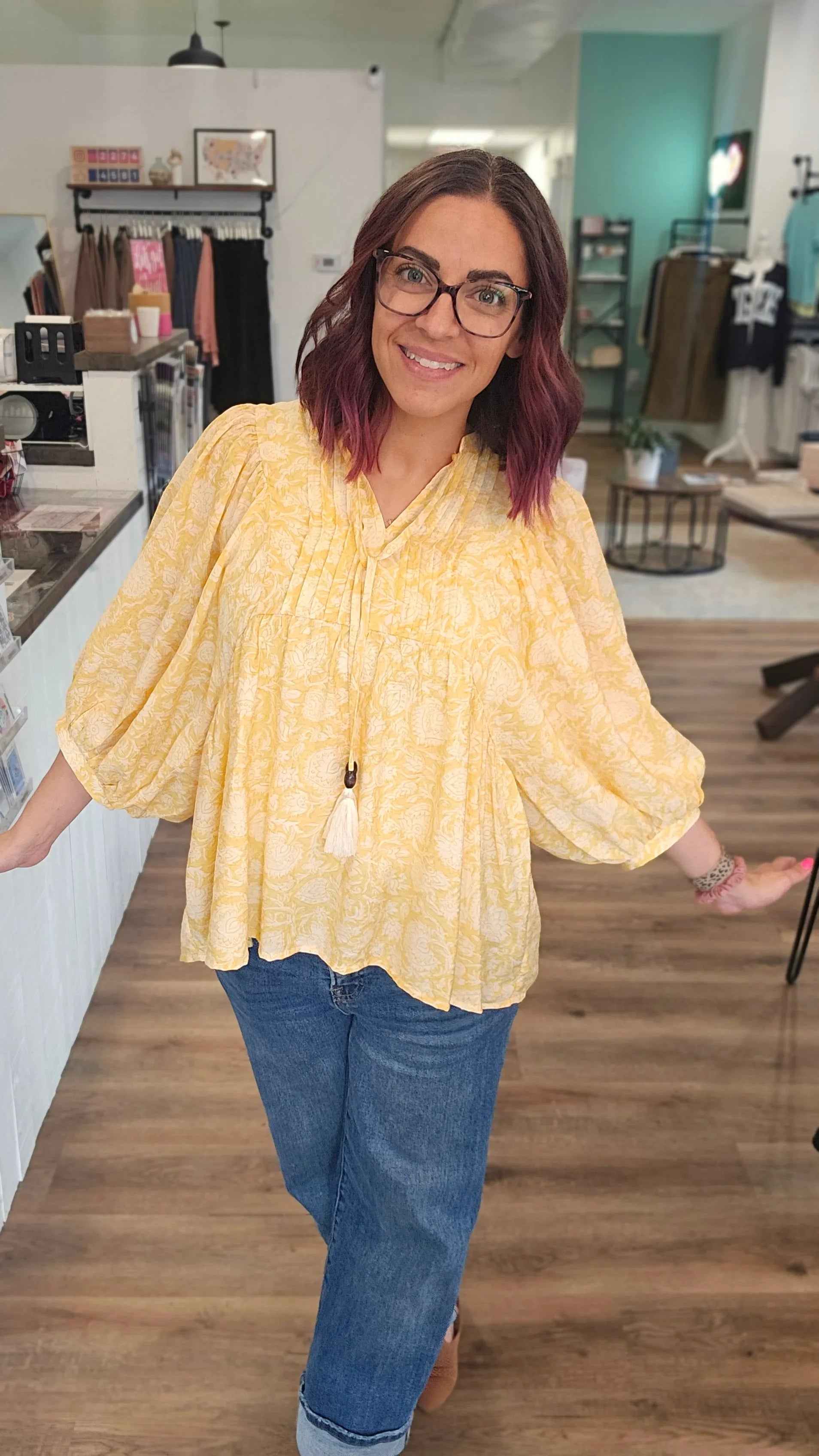 Shop Floral Print Peasant Top with Puff Sleeves and Tie Neck- at Ruby Joy Boutique, a Women's Clothing Store in Pickerington, Ohio