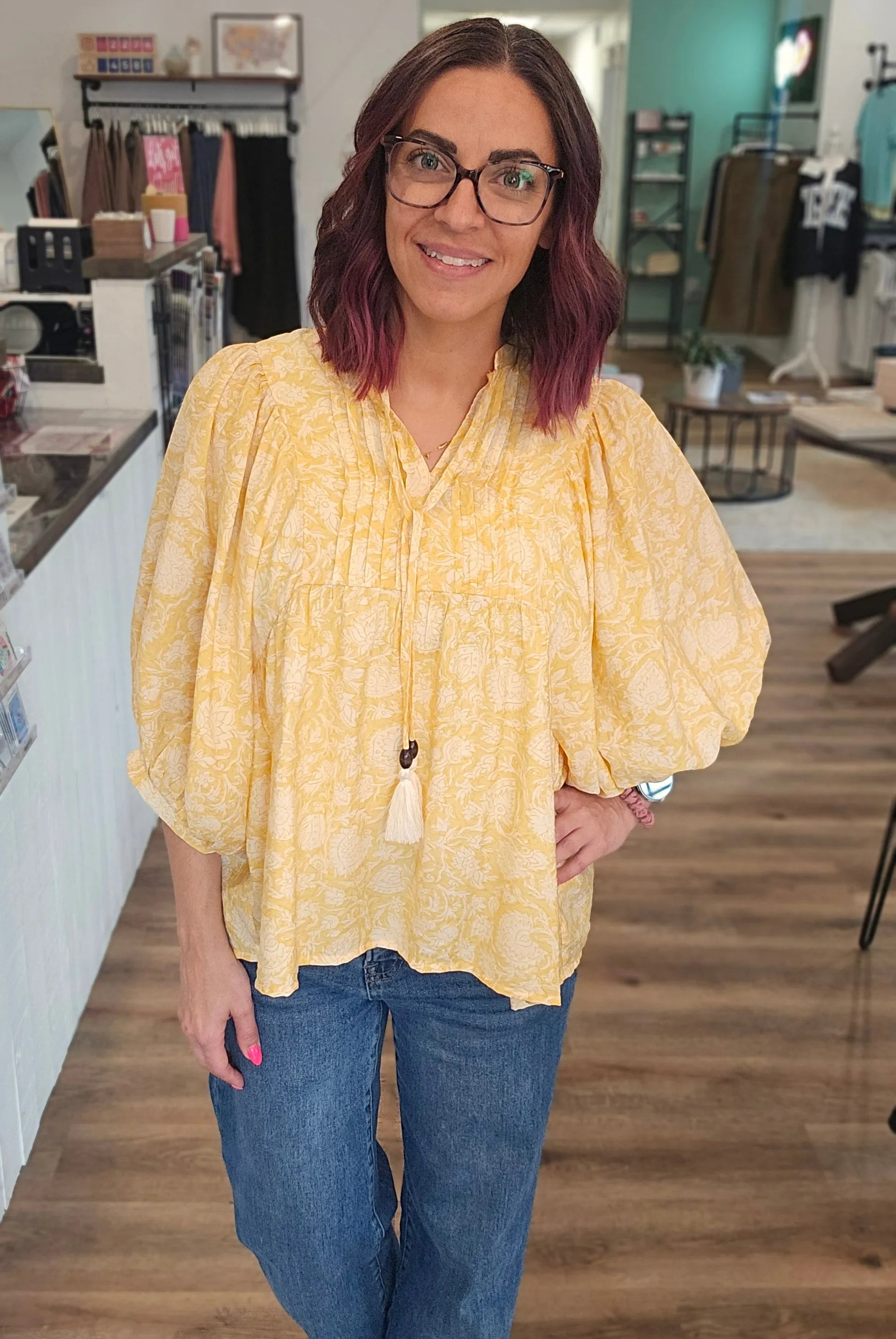 Shop Floral Print Peasant Top with Puff Sleeves and Tie Neck- at Ruby Joy Boutique, a Women's Clothing Store in Pickerington, Ohio