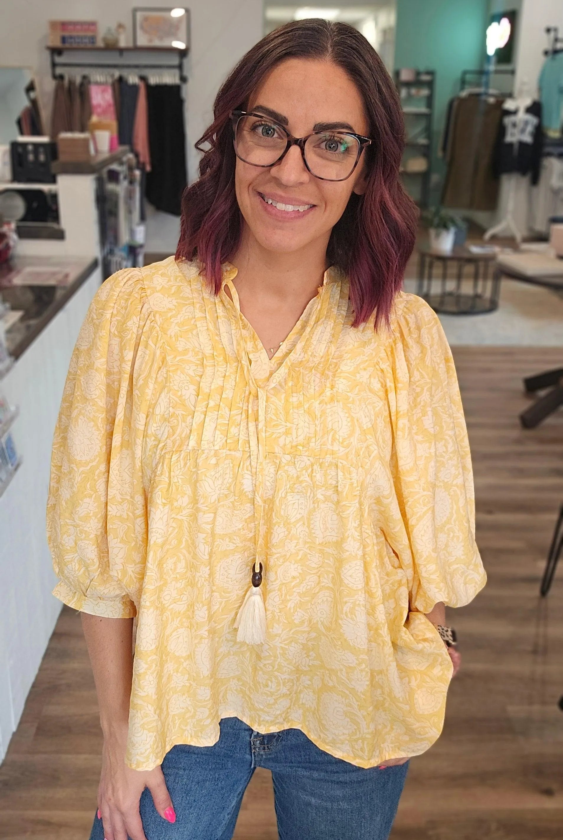 Shop Floral Print Peasant Top with Puff Sleeves and Tie Neck- at Ruby Joy Boutique, a Women's Clothing Store in Pickerington, Ohio