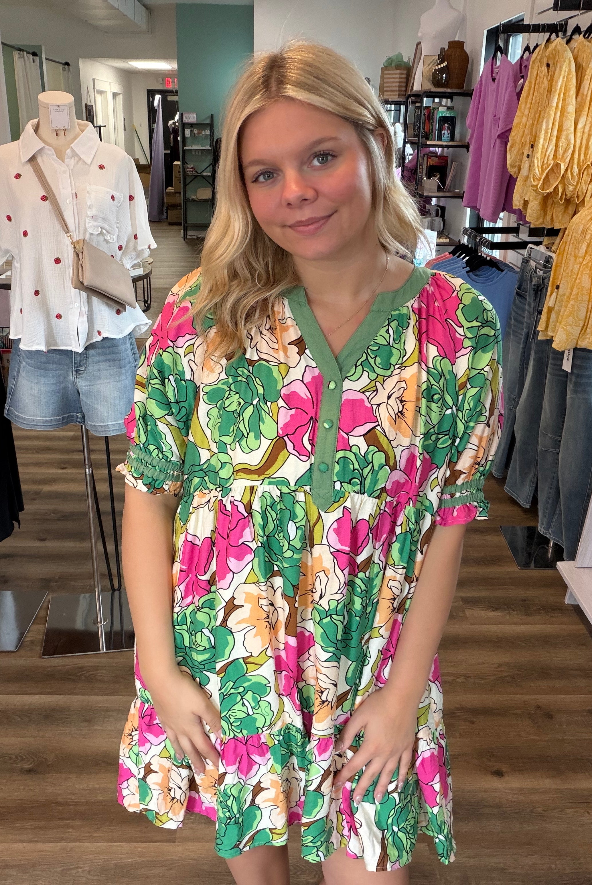 Shop Floral Tiered Babydoll Dress- at Ruby Joy Boutique, a Women's Clothing Store in Pickerington, Ohio