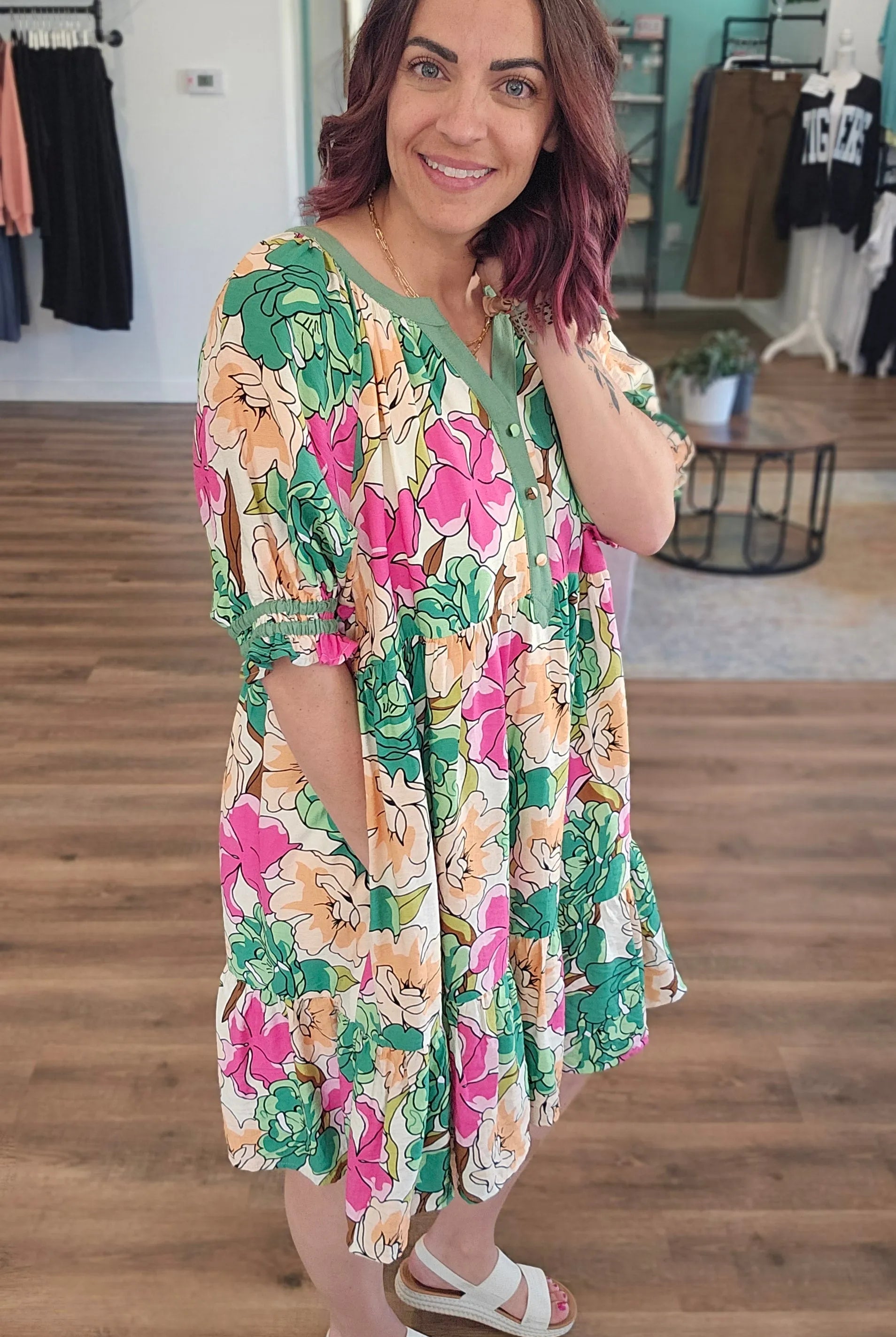 Shop Floral Tiered Babydoll Dress- at Ruby Joy Boutique, a Women's Clothing Store in Pickerington, Ohio