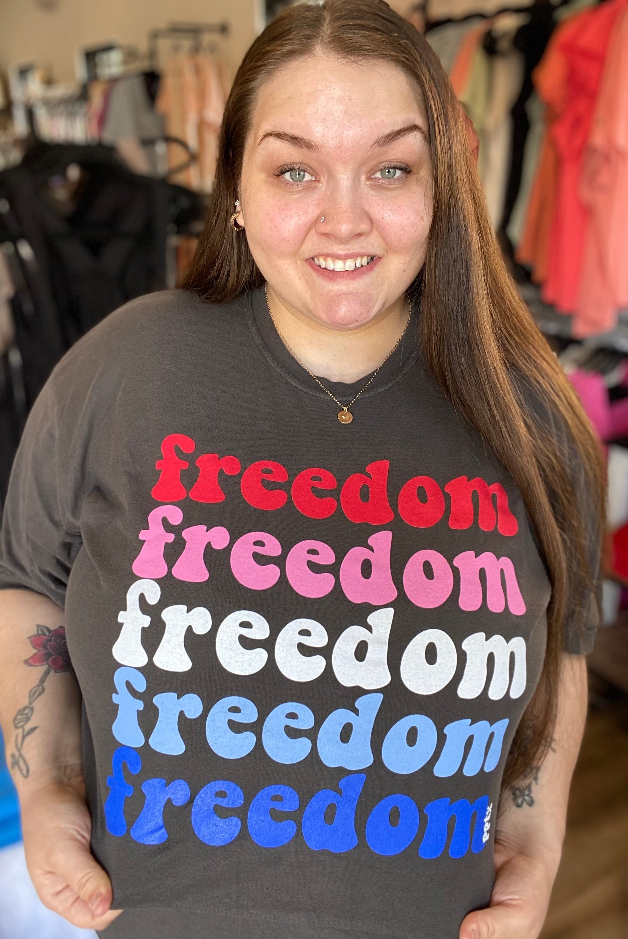 Shop Freedom Freedom Graphic Tee-Graphic Tee at Ruby Joy Boutique, a Women's Clothing Store in Pickerington, Ohio